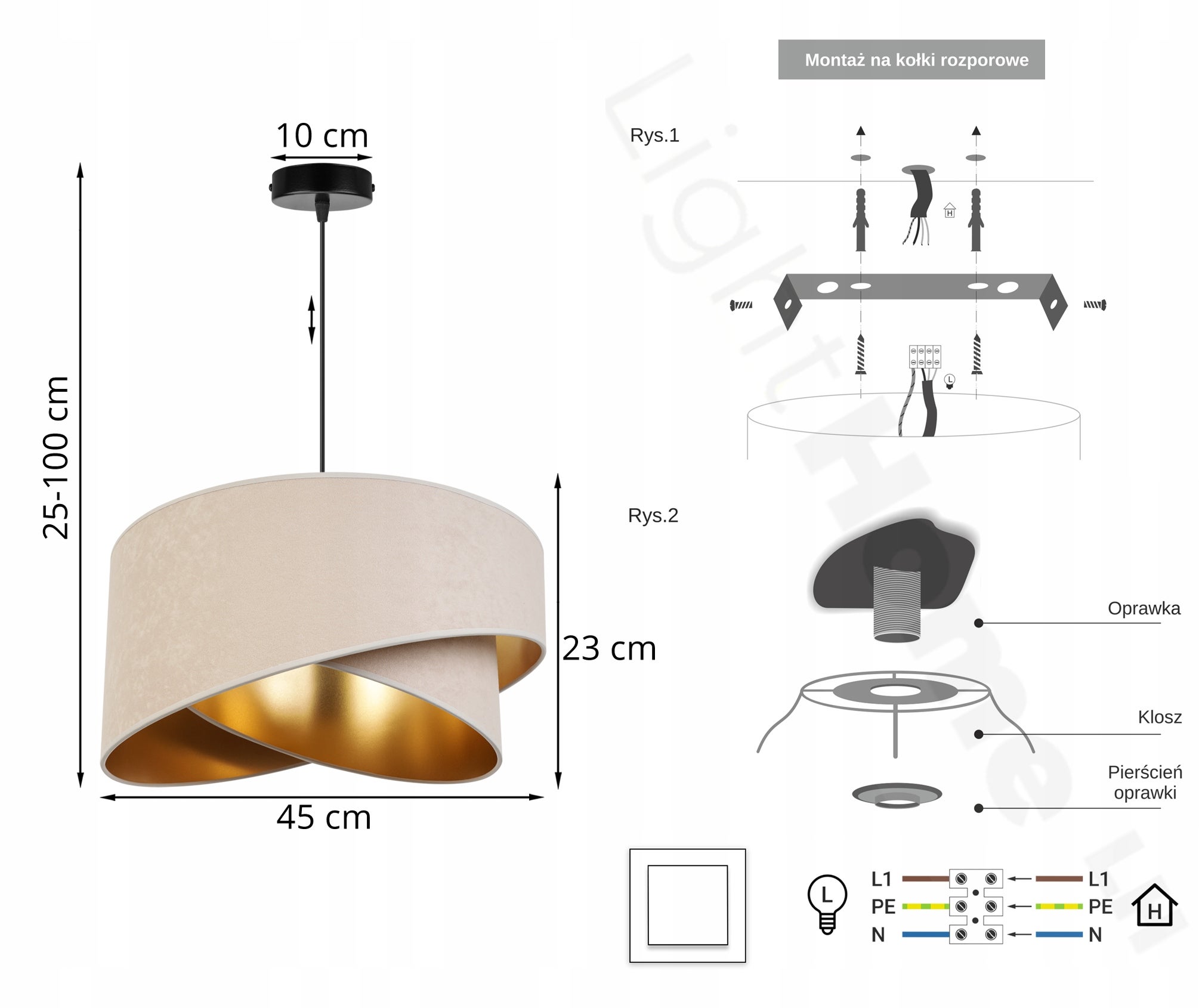 Lampa sufitowa wisząca elegance welur 1xE27 klosz niesymetryczny złoto/biały Light Home LH - 7