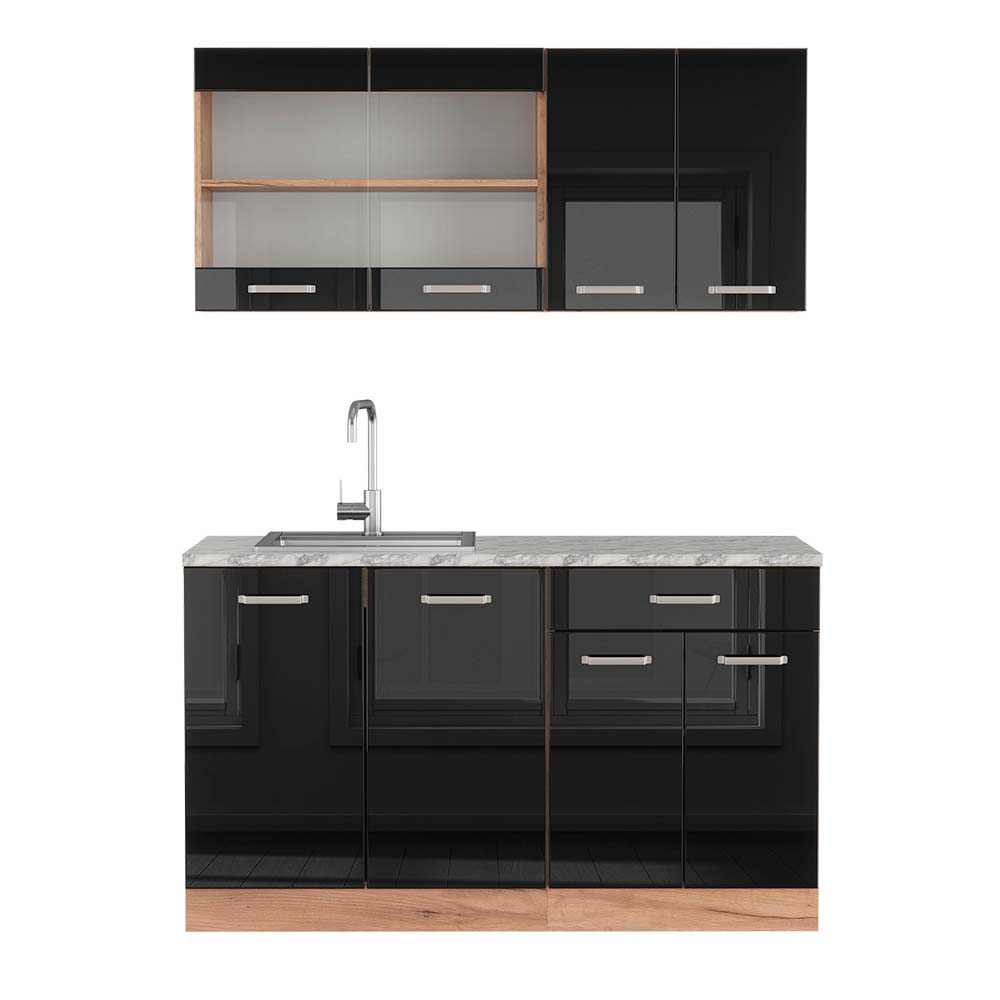 Vicco Pojedyncza kuchnia R-Line, Czarny/złoty dąb o wysokim połysku, 140 cm , BP Marmur