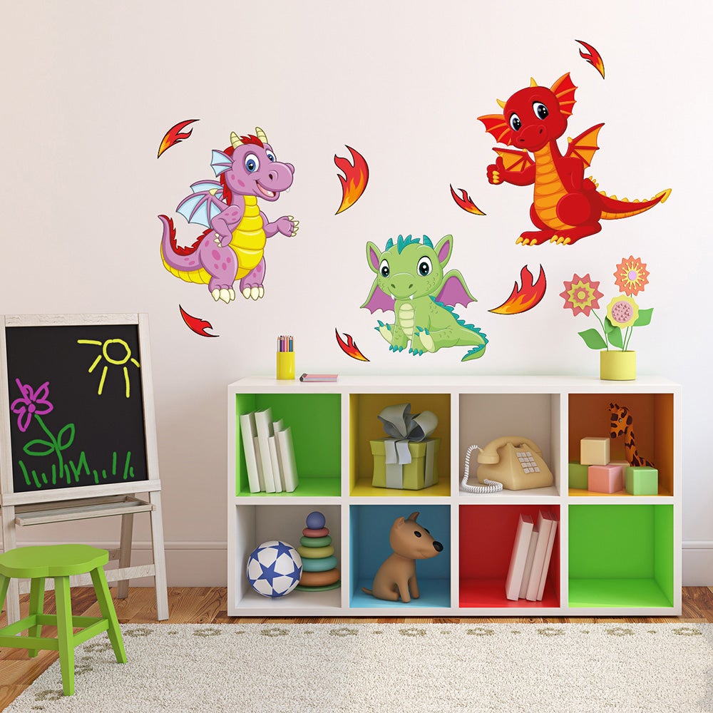 Sticker adesivi murali, draghi di bambini disegnati in stile cartone animato multicolore, 68 cm x 48 cm - 4