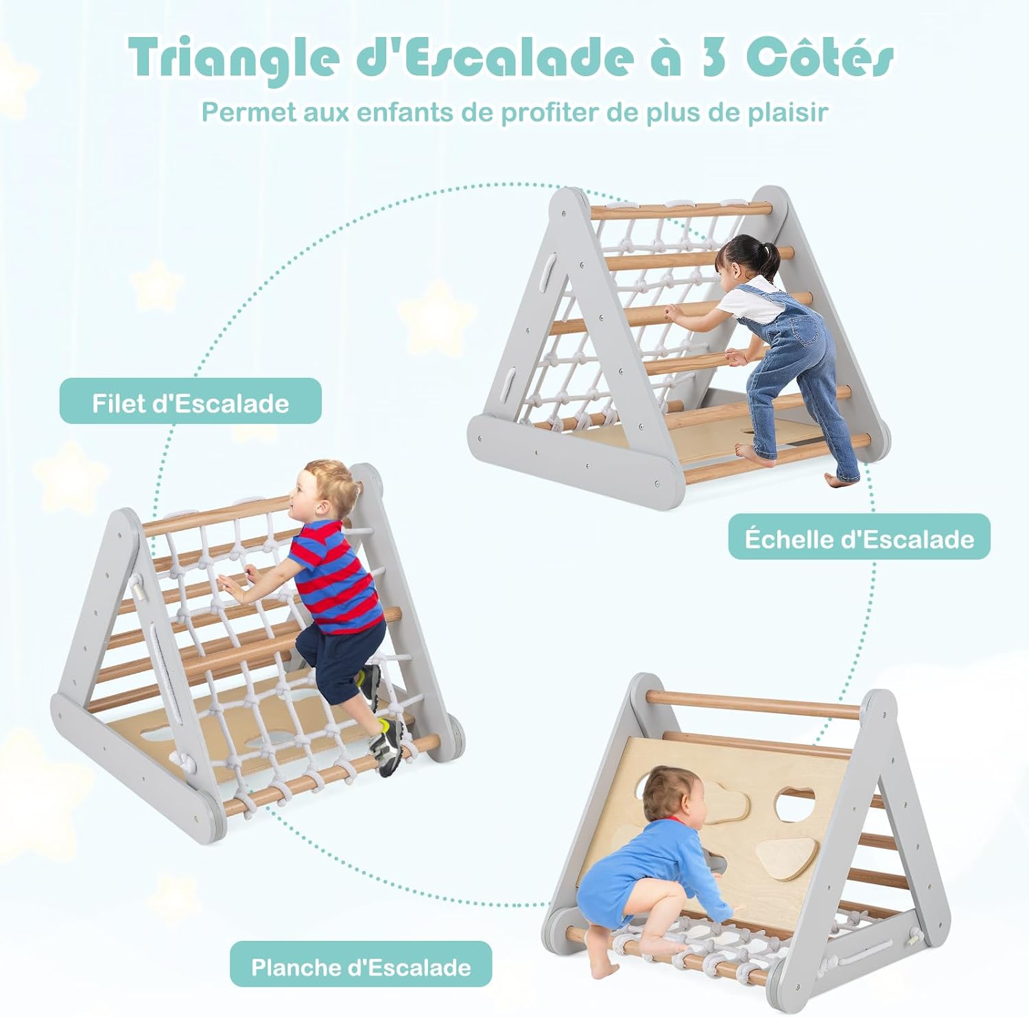 Triangle d’Escalade Montessori Enfants avec Filet à Grimper, Planche et Échelle,Pierres avec Toboggan,Aire de Jeux Intérieur pour Bébé 1 an+(Gris) - 3