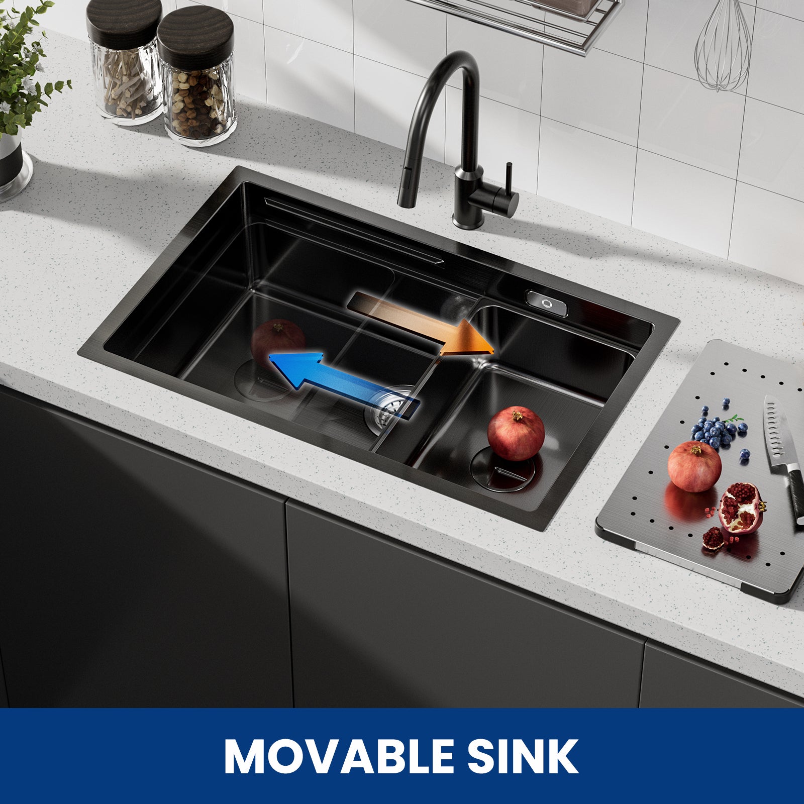 Évier Cuisine 1 Bac 70×44×21CM INOX Trop Plein Évier à Encastrer, avec Egouttoir et Vasque, Noir, EU Modèle - 7