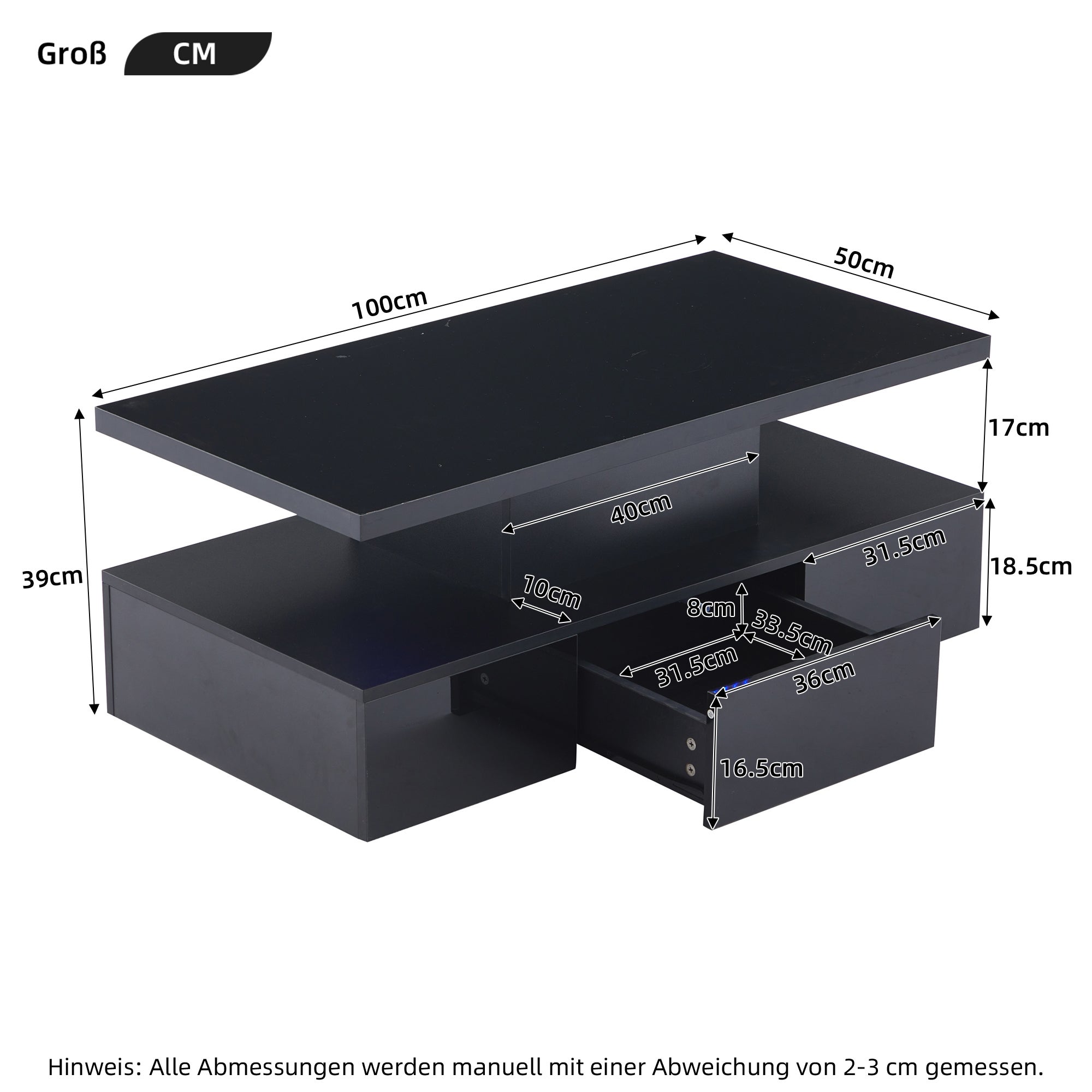 Tavolino a 2 livelli – LED multicolore, design moderno con cassetto contenitore e ripiano aperto – Nero - 5