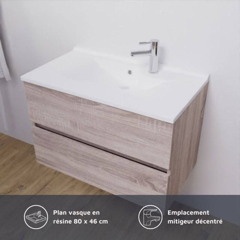 Meuble salle de bain 80 cm ROSALY avec plan vasque et miroir Excell Plus- Bois- Plan vasque en Résine - 9