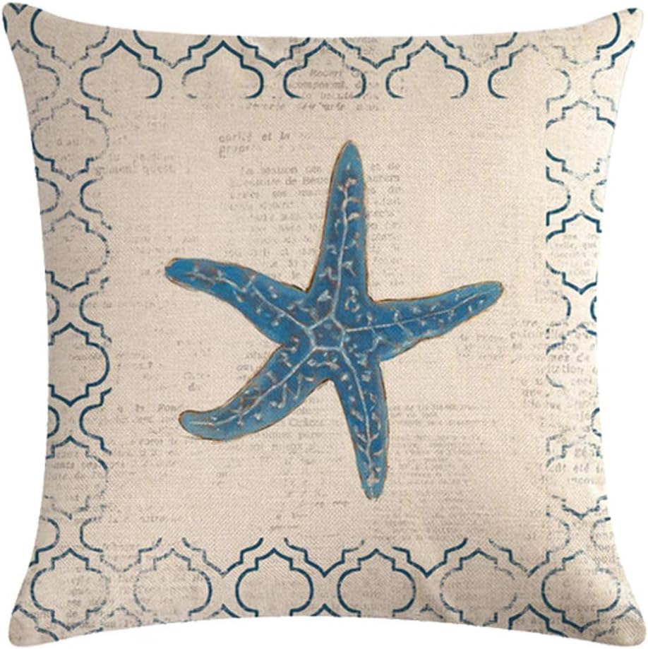 Lot de 4 housses de coussin décoratives océan, style vintage en coton et lin, 45 x 45 cm, avec motif plage, étoiles de mer et coquillages - 3