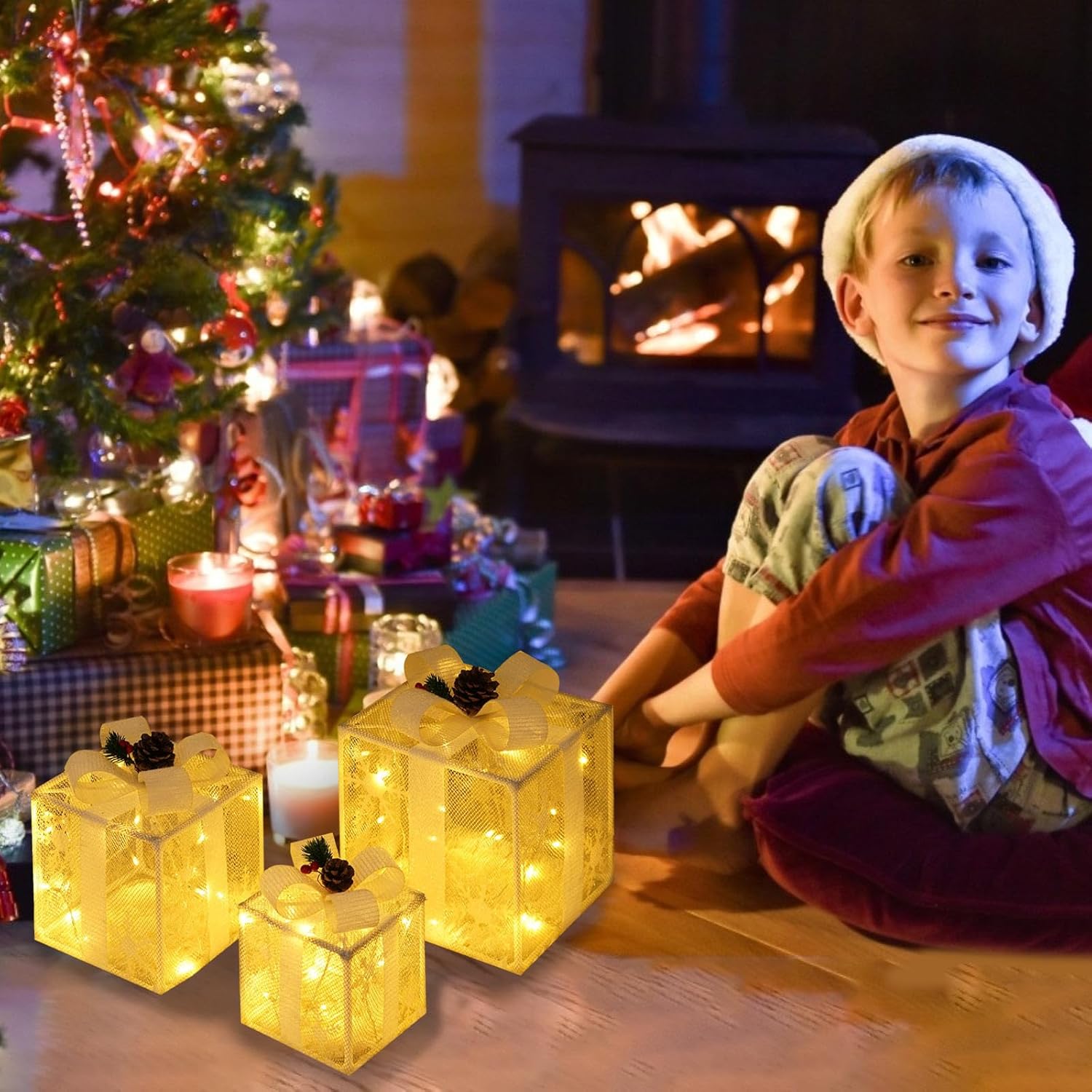 Juego de 3 cajas de regalo iluminadas para Navidad, cajas de regalo iluminadas con control remoto, decoraciones navideñas - 6