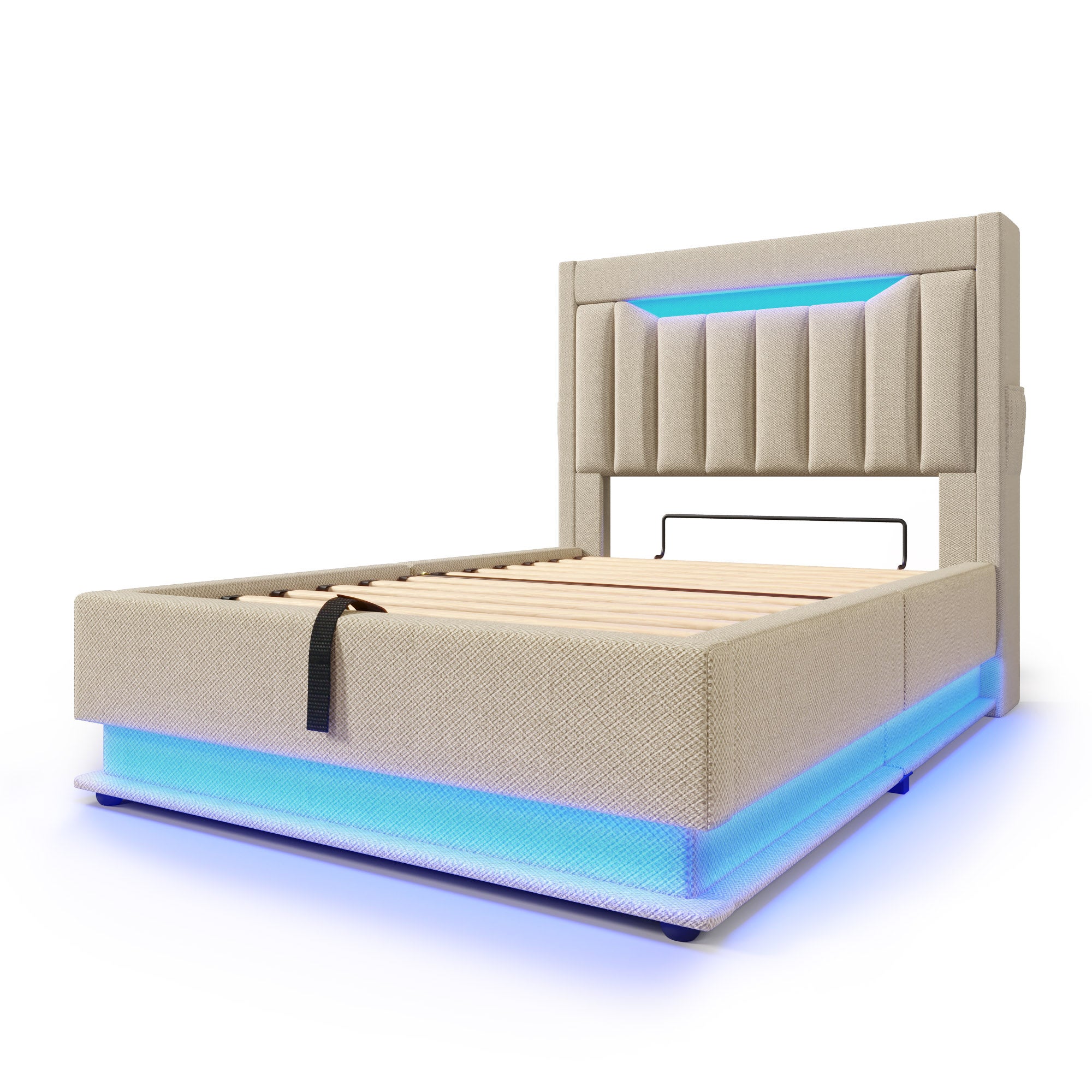 Cama canapé tapizada 90x200cm - con LED - con puertos USB y Tipo C - Tejido de lino - Cabecero con espacio de almacenaje - Beige - 6