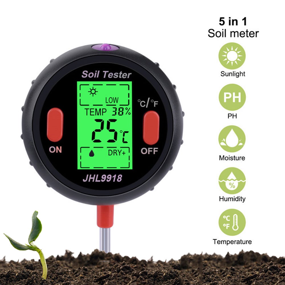 Tester gleby 5 w 1, cyfrowy pH-metr, monitor wilgotności gleby, temperatury i wilgotności, tester światła słonecznego, bez baterii, czarny