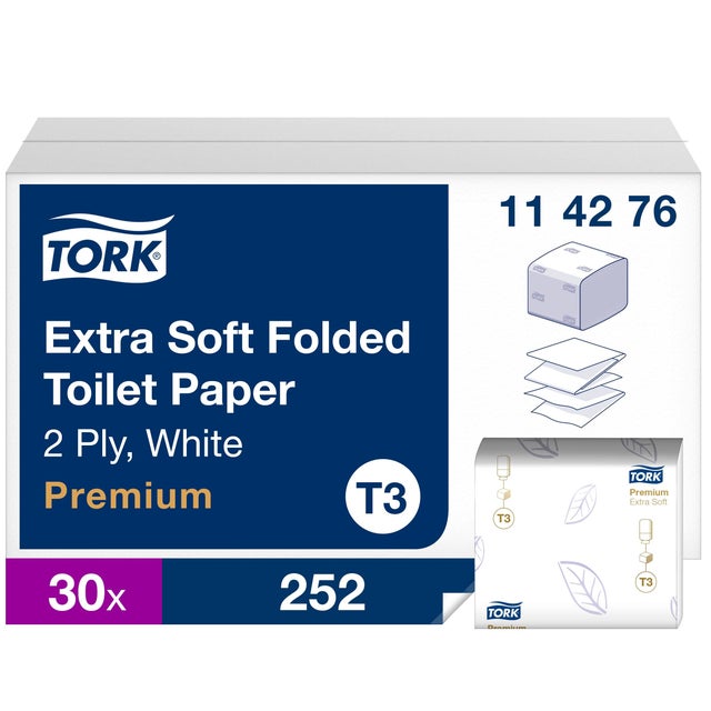 Tork 114276 Carta Igienica Intercalata Extra Soft Premium, compatibile con sistema T3, 2 veli, 30 conf. x 252 (7560 fogli), bianco