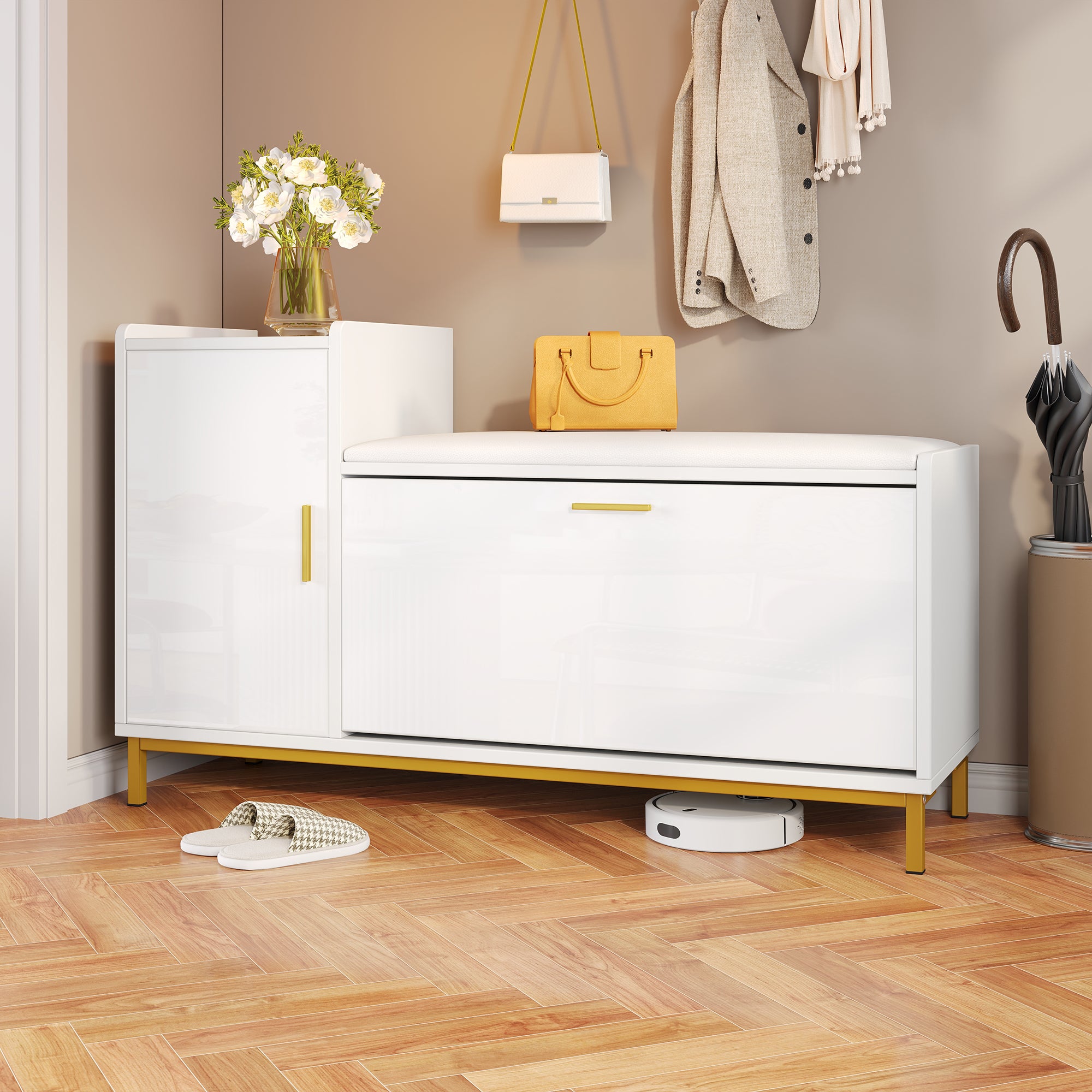 Banc à chaussures avec 2 portes - 100 x 38 x 68 cm - Panneau de particules et pièds en métal - Blanc - 2