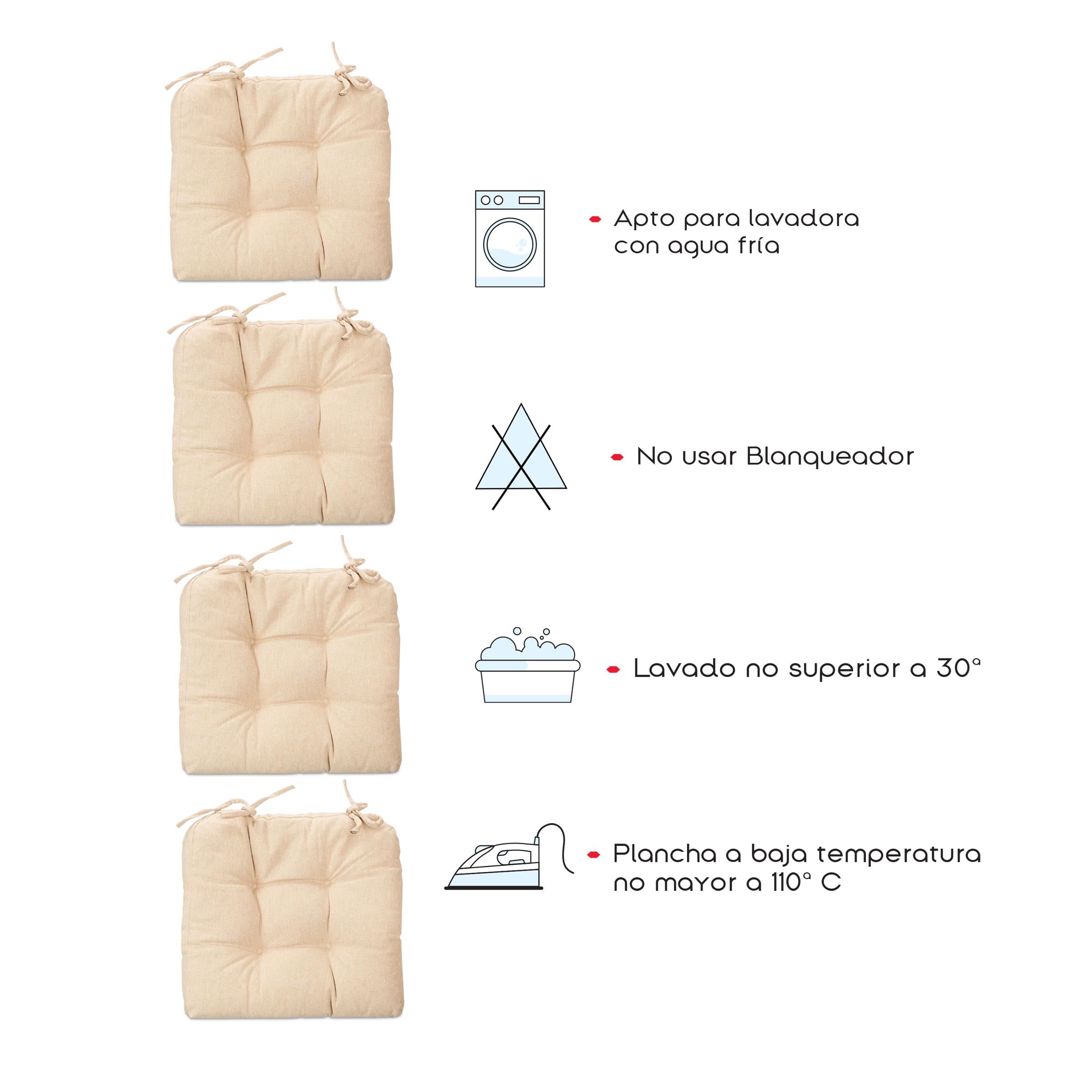 TIENDA EURASIA - Pack 4 Cojines Silla, 100% Poliéster, 40x40x7 cm, 2 Cordones, Beige - 6