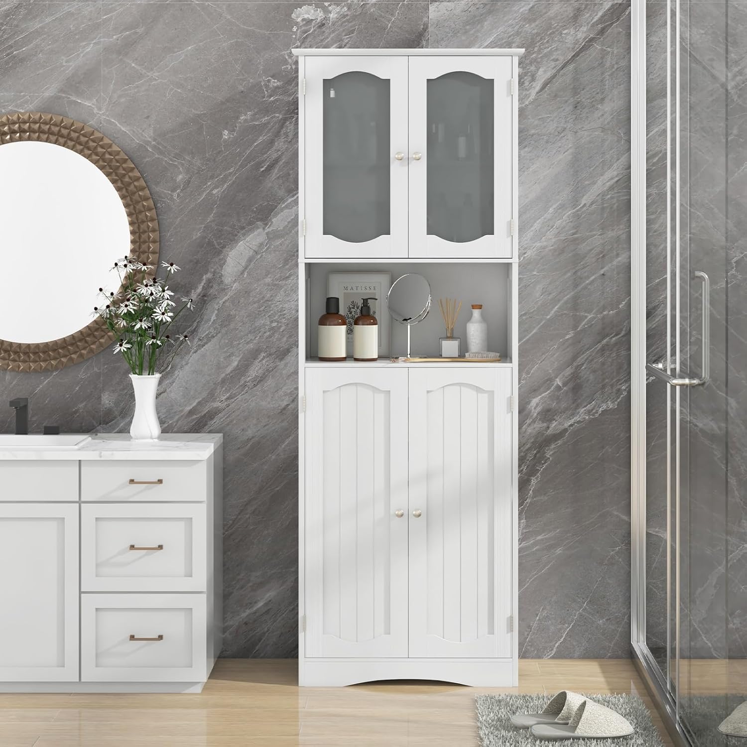 Mobiletto Sopra Lavatrice Armadietto Bagno LIFEZEAL Sopra Water/Lavatrice - Legno, Bianco, 75.5x20x110cm, Con Porta Carta Mobiletto Bagno Ripiano Regolabile