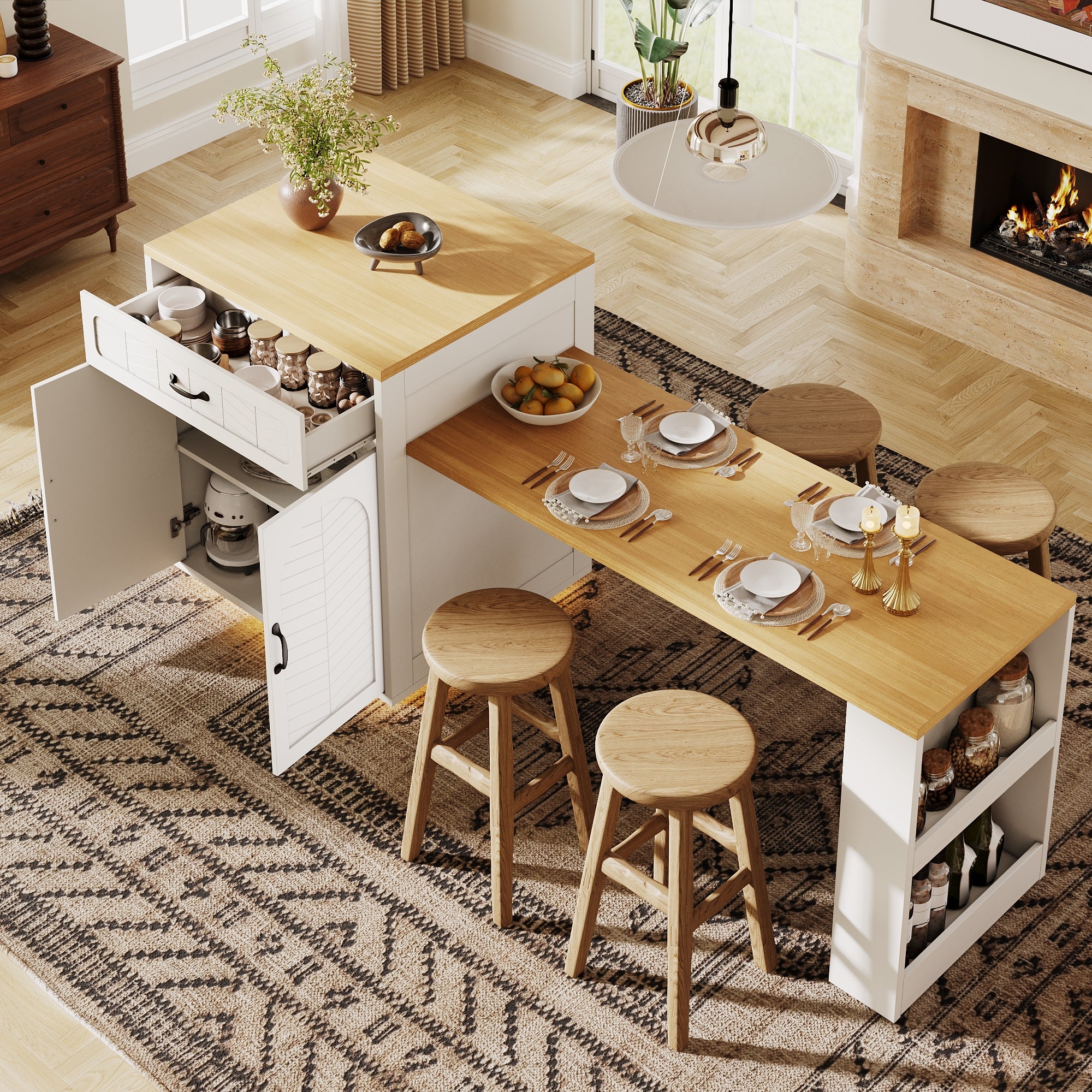 Îlot de cuisine avec lumière LED,Bar de cuisine moderne avec 2 tiroirs et 4 portes,Îlot de cuisine fixe avec table à manger gigogne,Blanc - 4