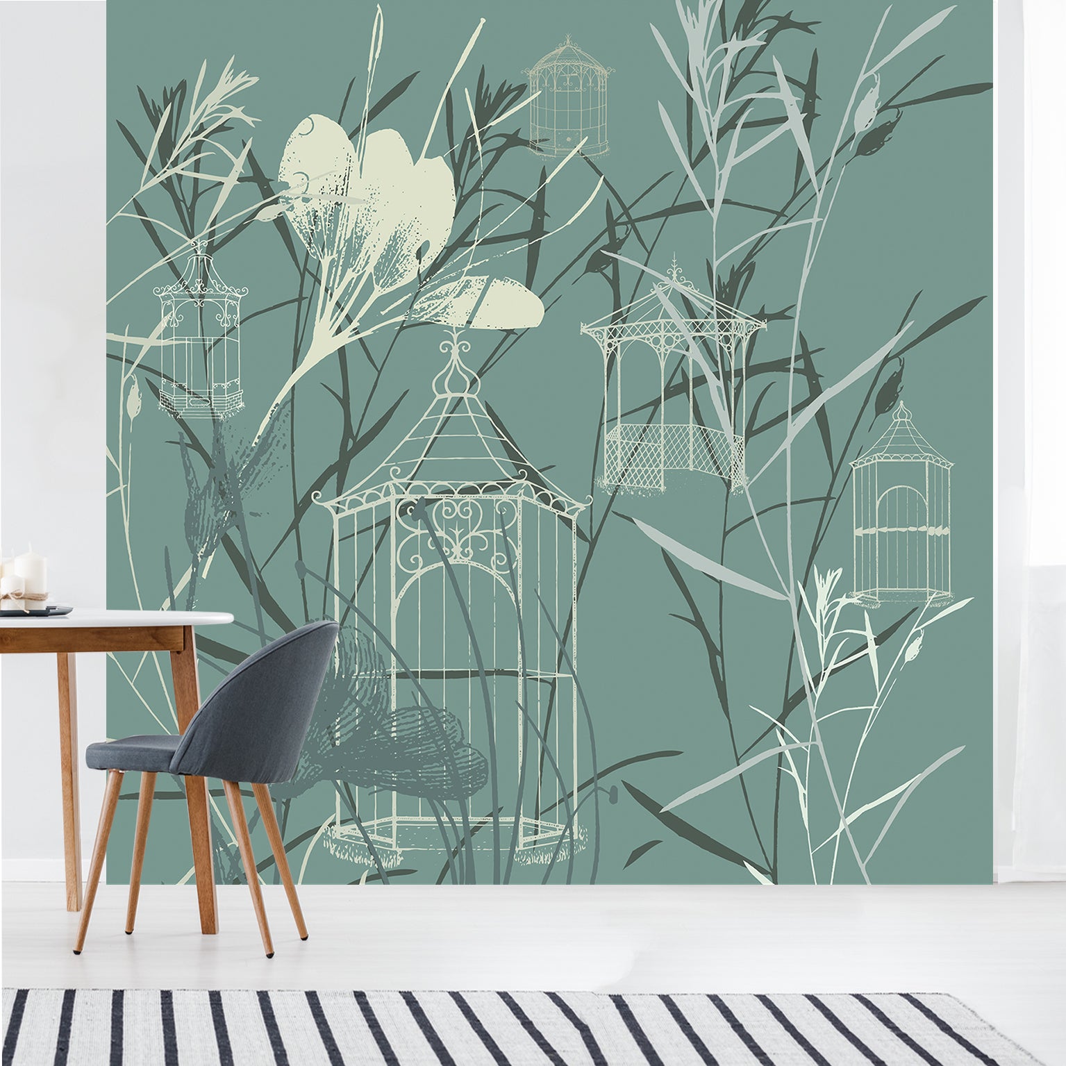 Papel tapiz panorámico, papel introductivo, patrones de quioscos en una atmósfera rural girando en la vegetación, 250 cm x 250 cm