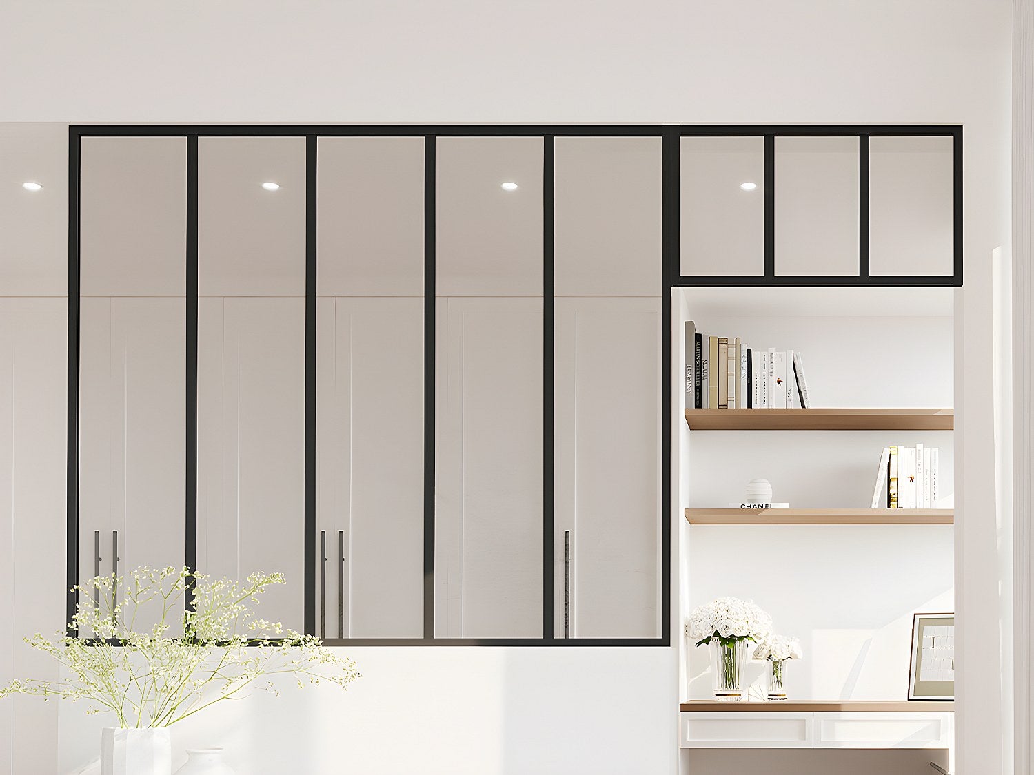 Cristalera estilo taller con travesaño de aluminio termolacado - ancho 150 x alt. 130 + ancho 73 x alt. 40 cm - negro - bayview