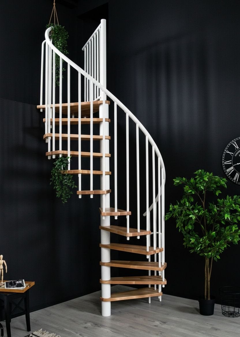 Escalera de caracol redonda|peldaño de madera|blanco|altura máx. 305cm|ø140cm