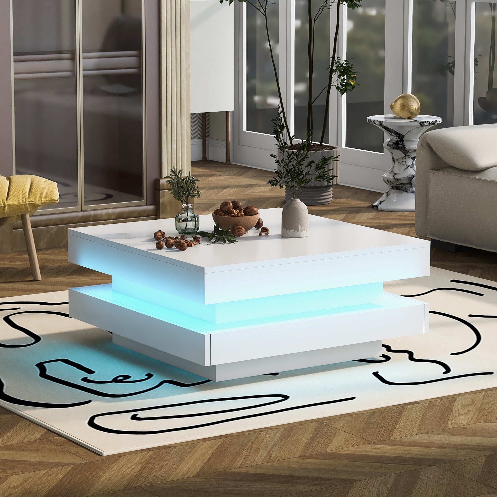Stolik kawowy kwadratowy 70 x 70 x 36 cm z diodami LED - Płyta wiórowa - Nowoczesny i technologiczny styl - Biały - 2