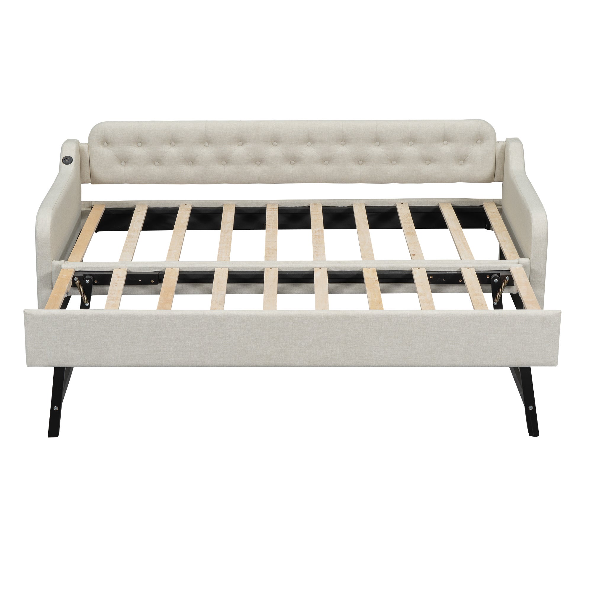 Lit gigogne 90x200cm - avec Port USB - tissu en Lin - Beige - 4