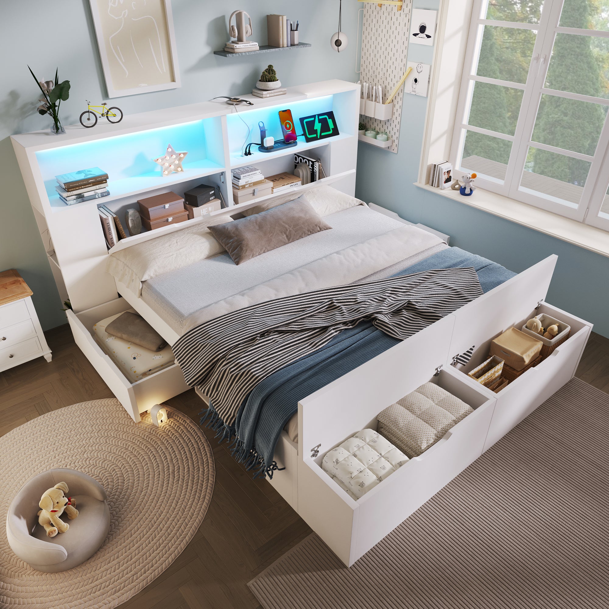 Letto In Metallo 140 X 200 Cm Con LED E USB, Letto Matrimoniale Con Rete A Doghe E Contenitore Pu Nero