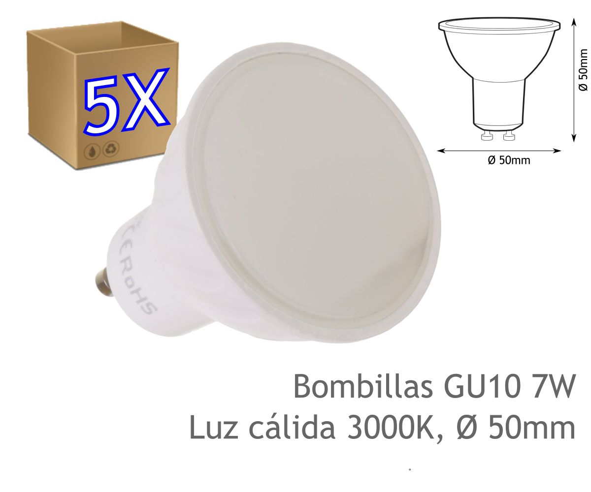 Zestaw 5 żarówek LED GU10 o mocy 7 W (odpowiednik 50 W), ciepła biel 3000 K, 650 lumenów
