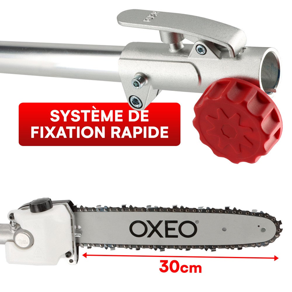 Elagueuse thermique sur perche - Moteur 2 temps 52 cm3 - 2 rallonges extensions - Longueur totale 4.06m - Guide chaîne 30cm - 3