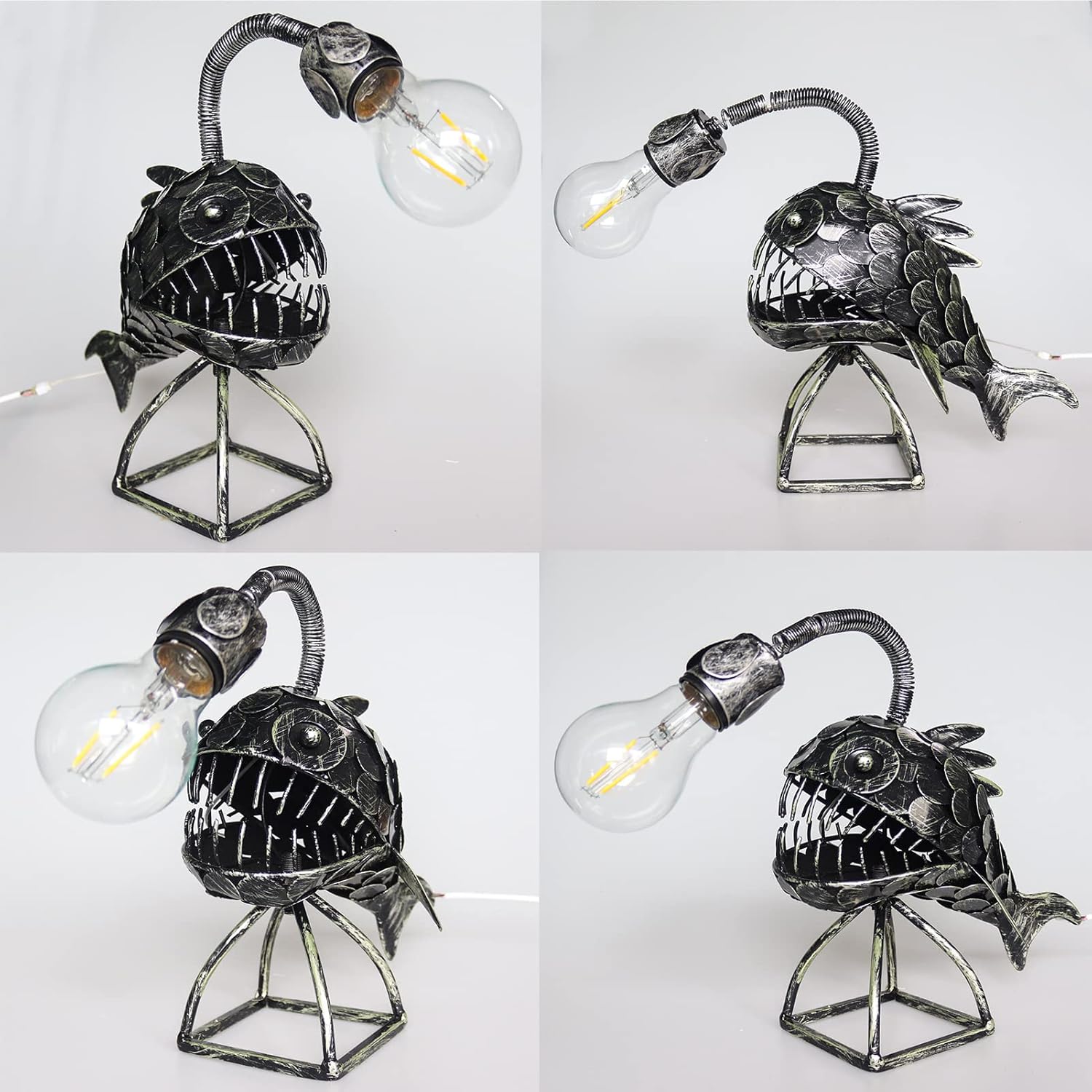 Kreatywna lampa rybaka, lampa artystyczna w kształcie ryby rybaka, lampa retro z żelaza w kształcie rekina, kreatywne nocne światło LED - 5