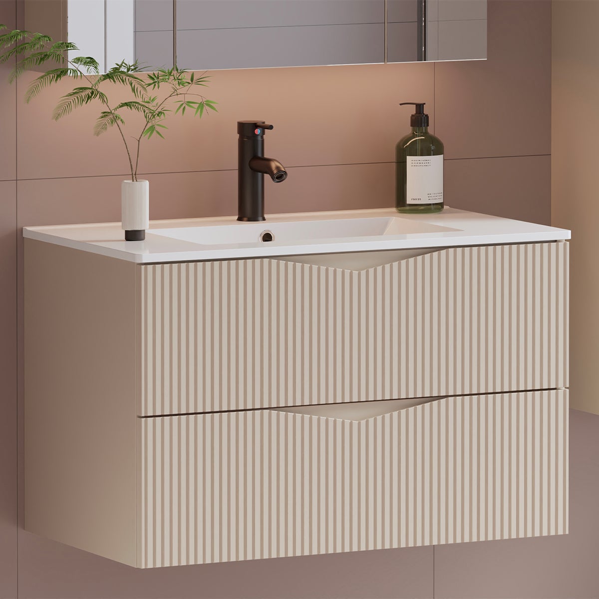 Szafka łazienkowa CLEO 80 cm beżowa wisząca ryflowane fronty MDF bez blatu - 5