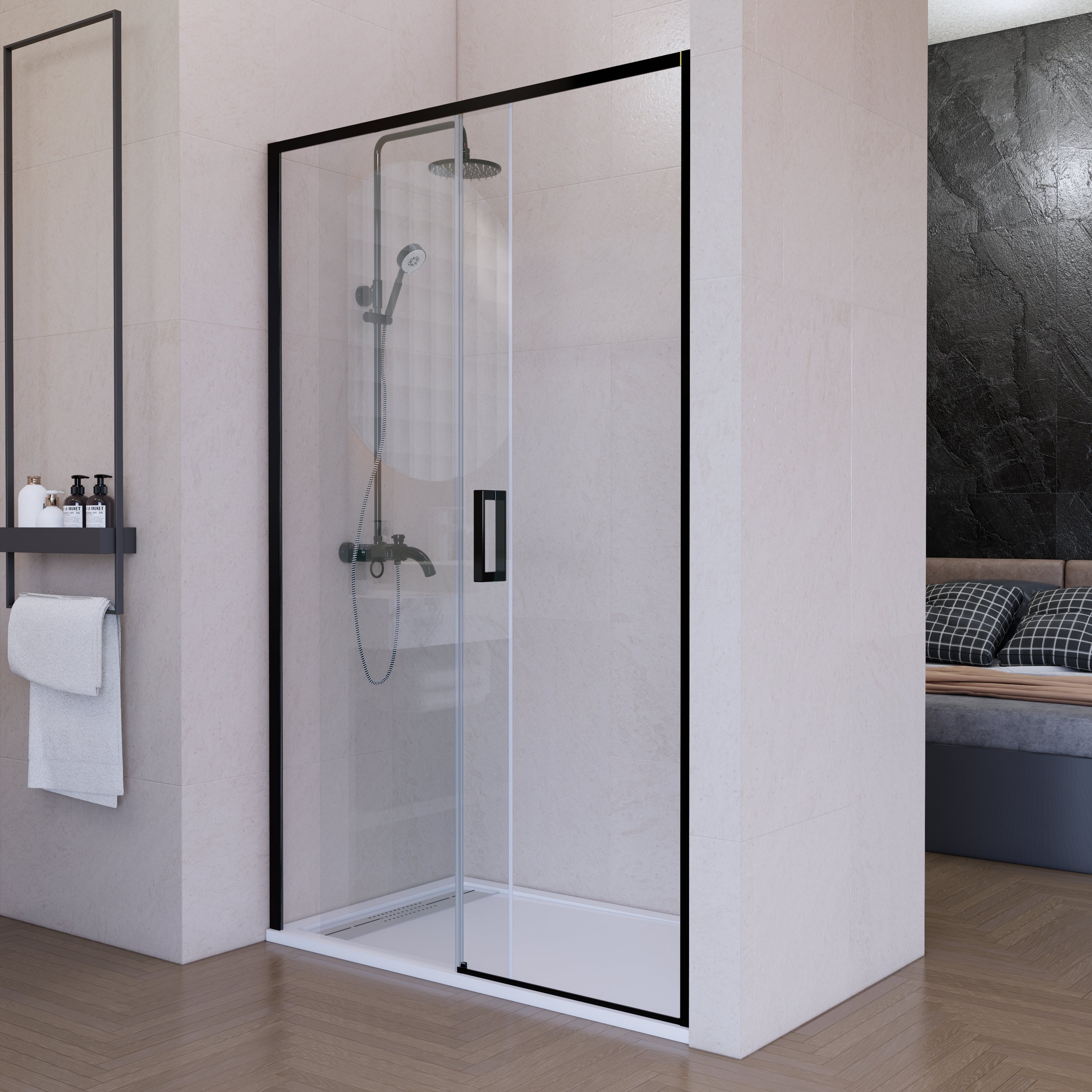 Mampara de ducha frontal corredera 130 cm 1 puerta + 1 fijo Negro mate Cristal transparente 6 mm 195 cm altura - 4