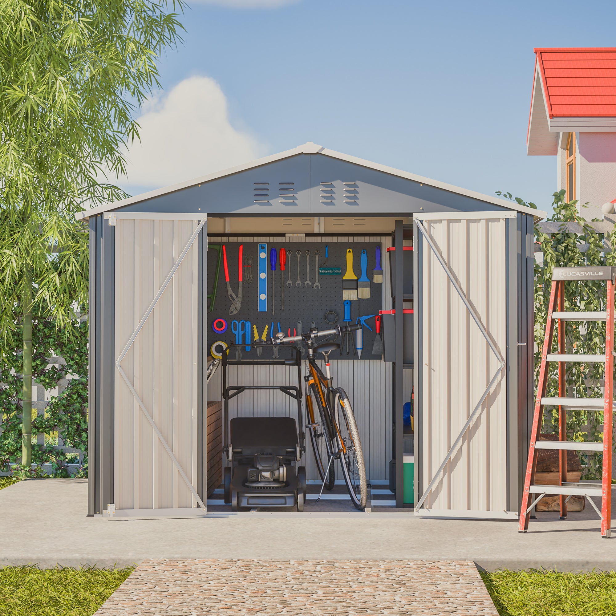 Caseta de jardín metálica con Techo 4,61 m²/240x192x191 cm, caseta para herramientas de acero galvanizado, Cobertizo Jardin Exterior - Gris antracita - 3