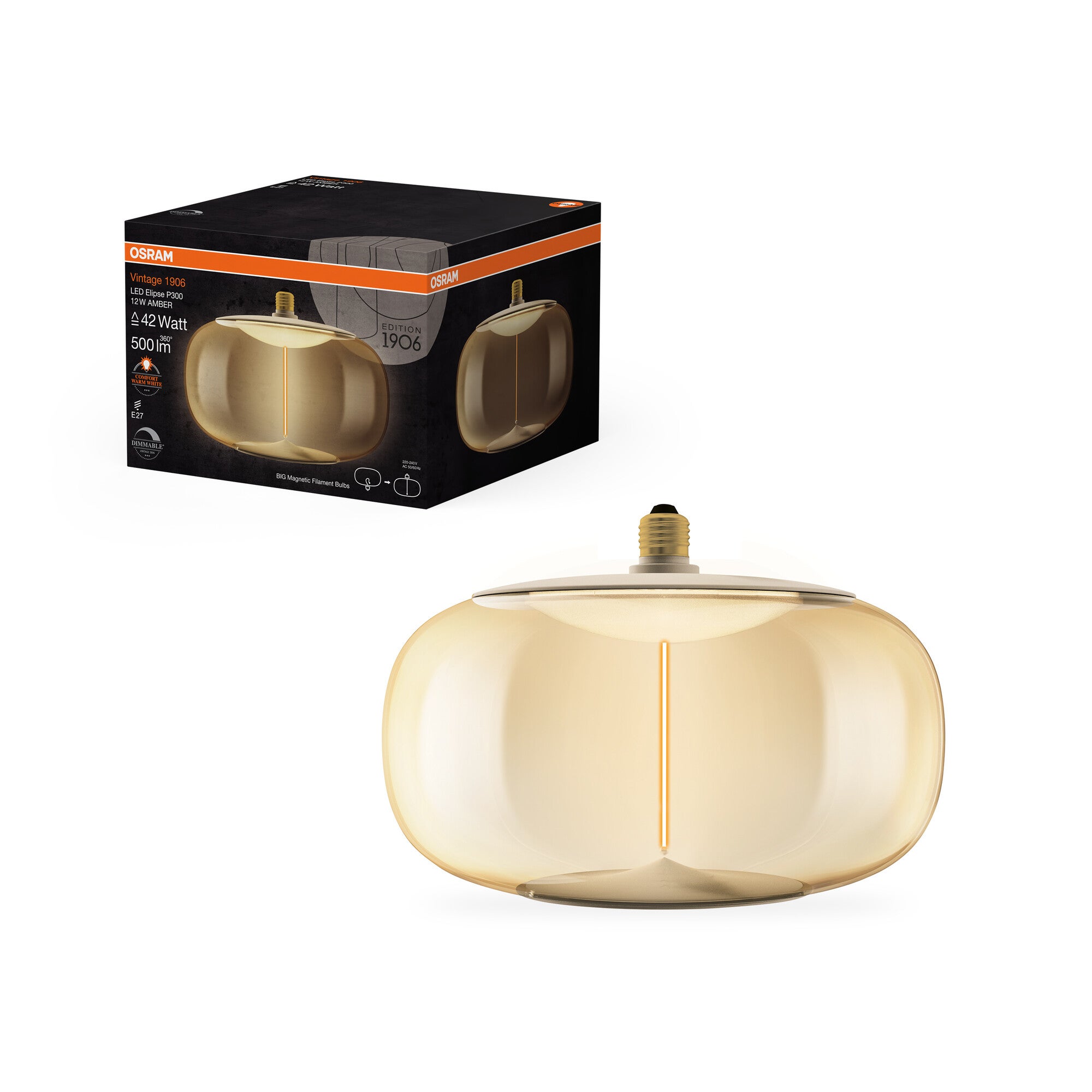 OSRAM Vintage 1906 Big Elipse est une à intensité variaben plastique avec un filament en forme d'ellipse. Il offre 12 W pour 500 lm,E27, design ambre, - 4