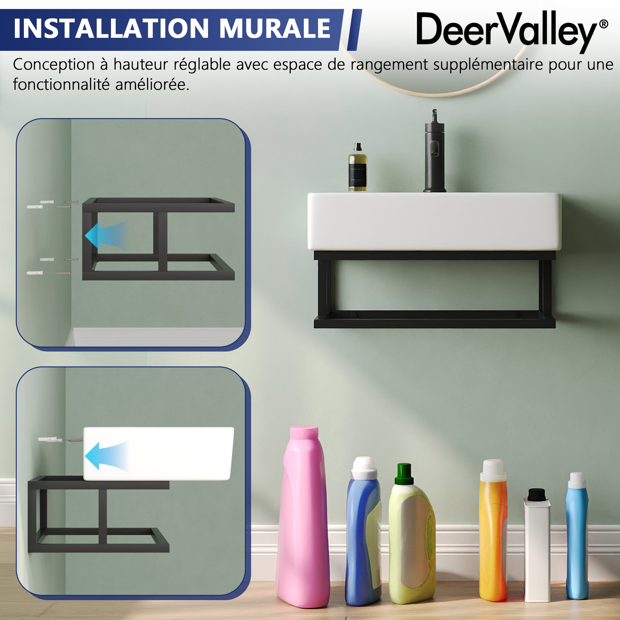 Vasque lave mains Salle de Bain - Vasque lave mains mural rectangulaire blanc mat en céramique avec porte-serviettes - Pour petit espace - DeerValley - 5