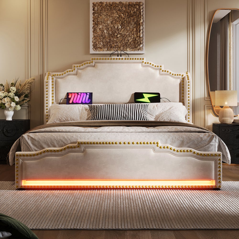 Łóżko tapicerowane 180×200, z 4 szufladami, oświetleniem LED i portem ładowania USB-C, łóżko do przechowywania, aksamitne, beżowe, bez materaca.