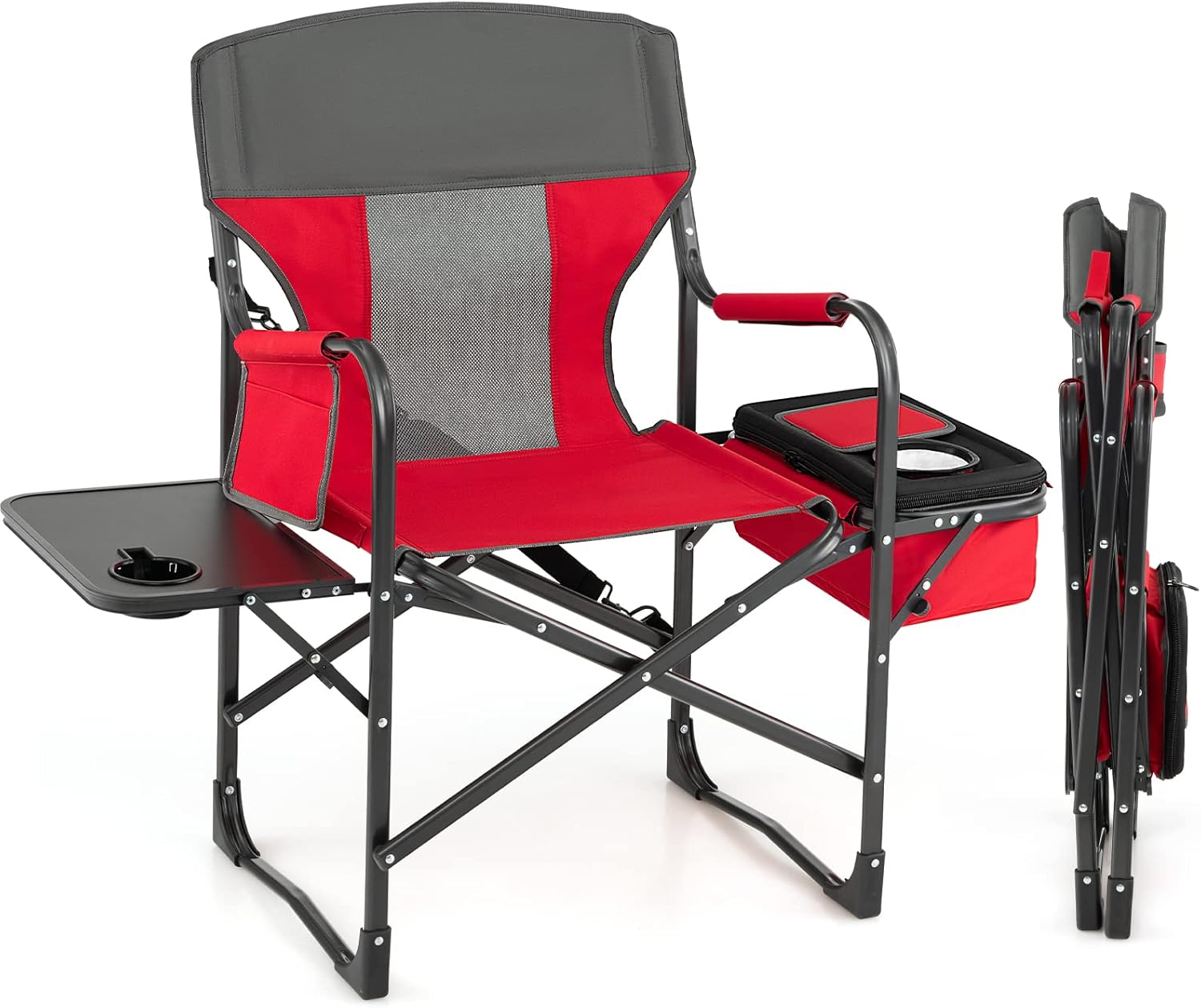 Składane Krzesło Kempingowe z Bocznym Stolikiem i Torbą Termoizolacyjną, Nośność 180 kg, Przenośne Krzesło Reżyserskie z Boczną Kieszenią (Czerwone)