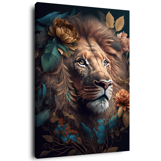 Tableau sur toile lion roi fleuri 65x97 cm