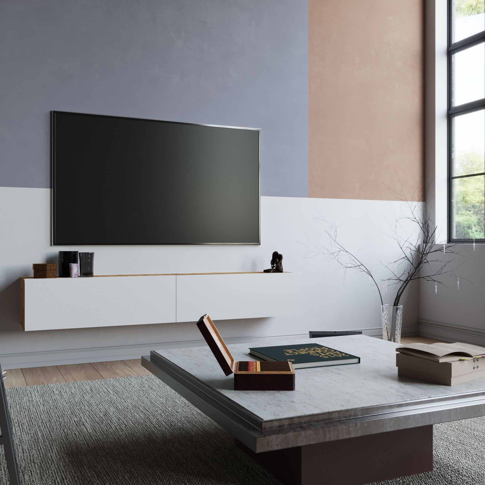 Meuble TV 2 portes battantes Wafo 180cm Bois Naturel et Blanc - 3