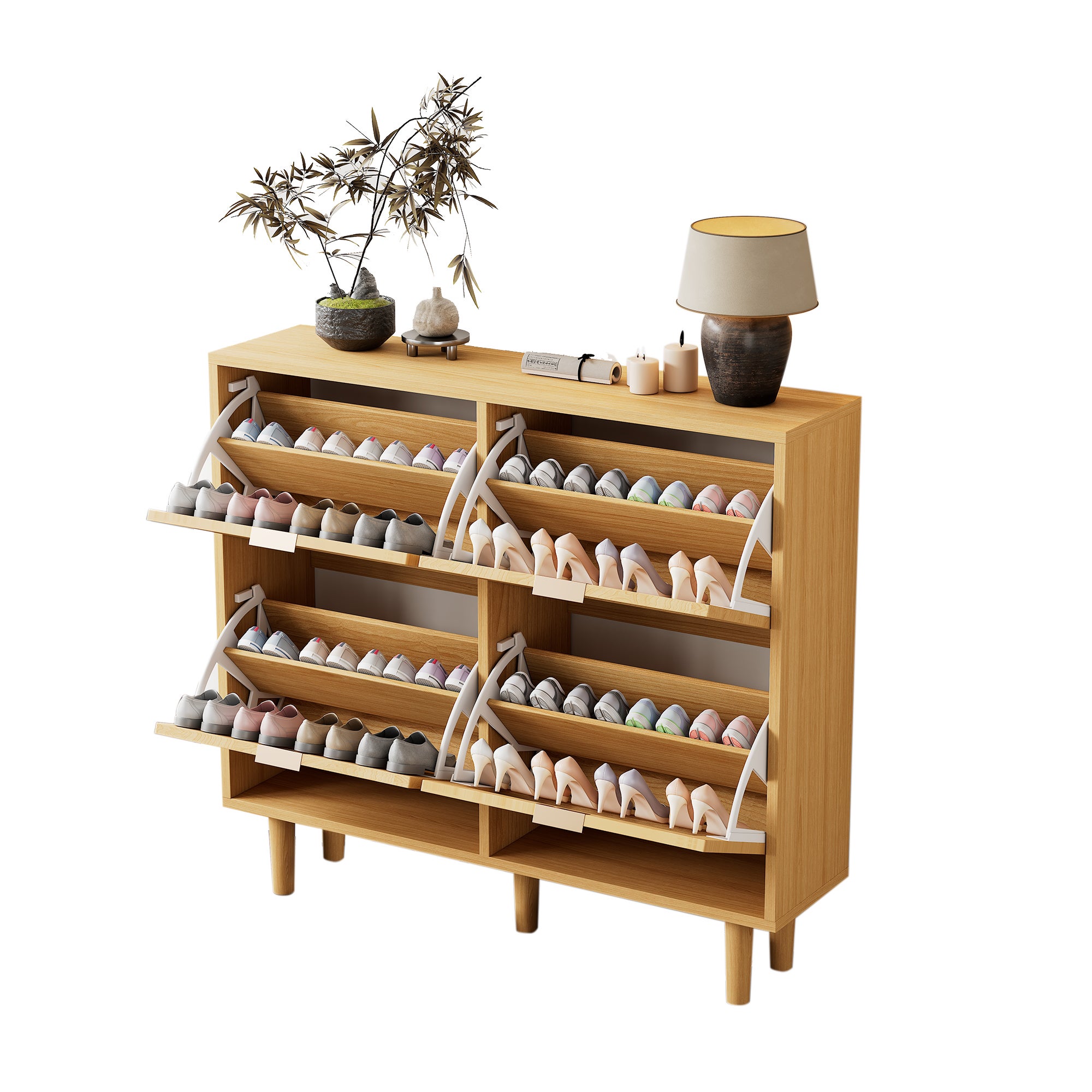 Meuble à chaussures avec 4 portes abatantes en rotin - 100 x 25 x 90 cm - Panneau de particules - Chêne clair - 3