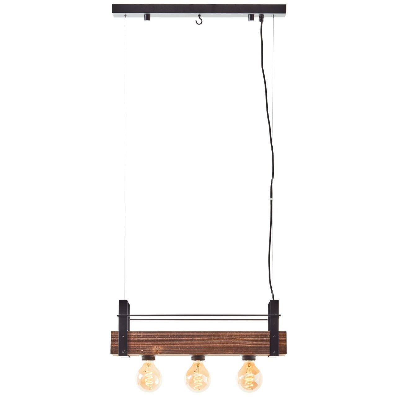 Lampa BRILLIANT, zawieszenie Bankwood 3 płomienie czarna stal / drewno, 3x A60, E27, 28W, drewno ze zrównoważonej gospodarki leśnej (FSC)