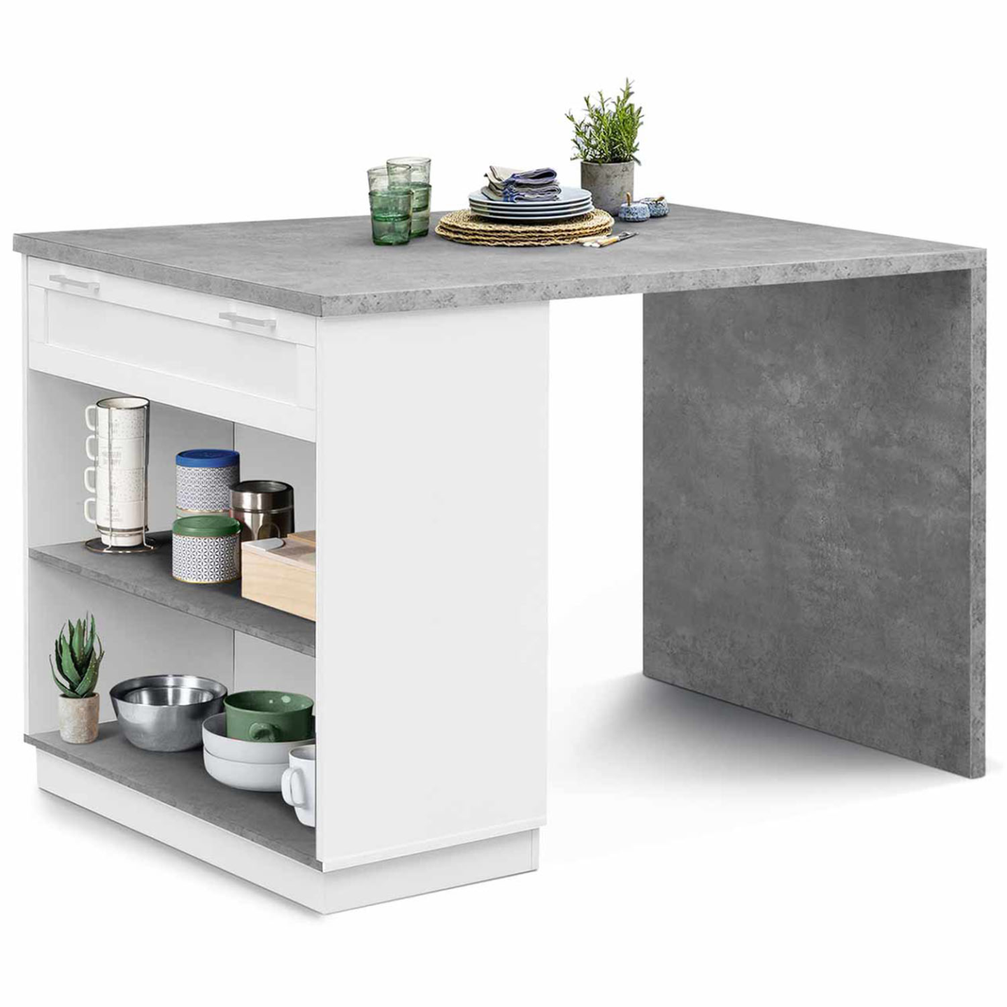 Ilot central mange debout 4 personnes VITO 130 cm blanc et plateau effet béton - 2