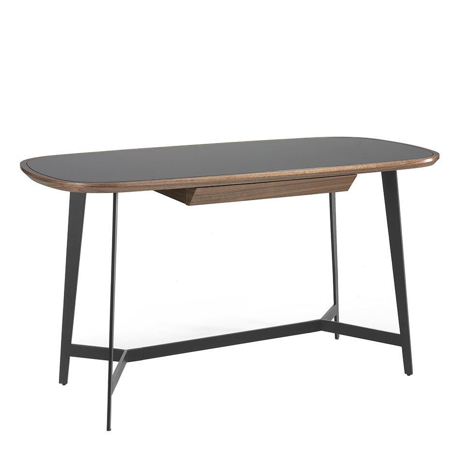 Biurko orzech i czarna stal z czarnym szklanym blatem 140 x 72 x 76 cm