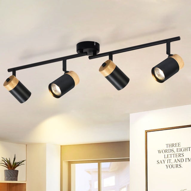 NETTLIFE 4-punktowa drewniana lampa sufitowa z żarówkami GU10, regulowana o 330° do salonu, sypialni, kuchni, pokoju dziecięcego, bez żarówki