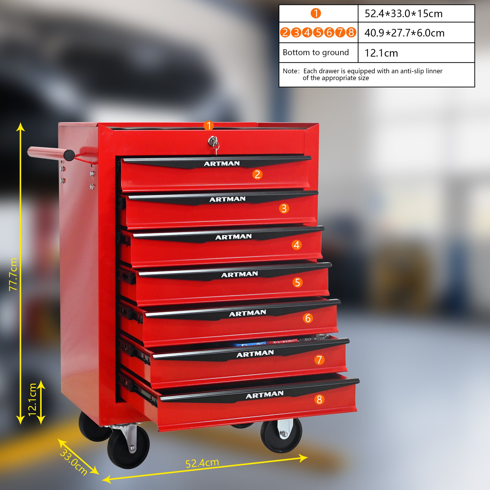 Coffre à outils roulant en métal à 6 tiroirs, armoire à outils pliable en 6 parties avec glissières à billes, organisateur de rangement d'outils - 7