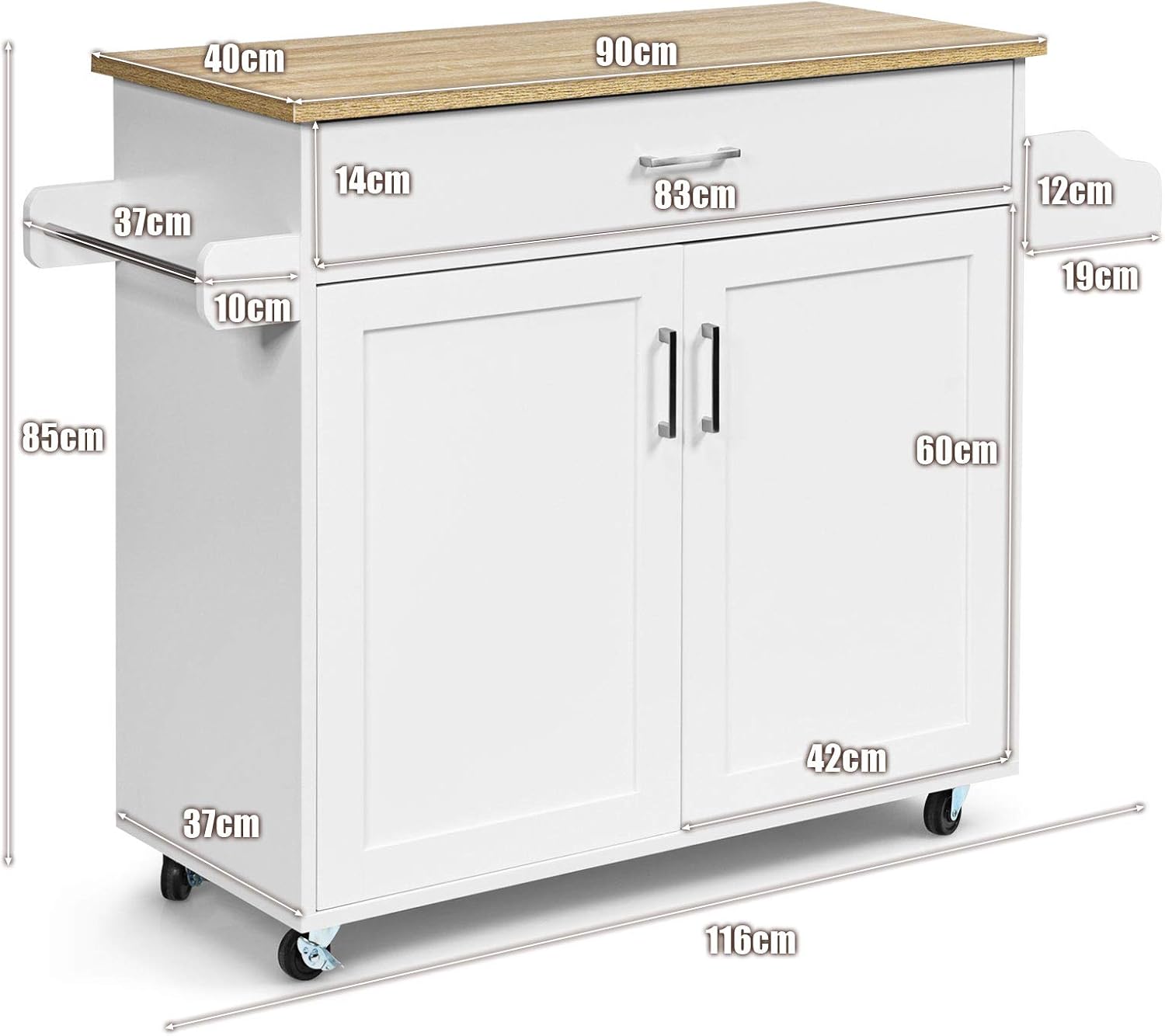 Wózek kuchenny z wieszakiem na ręczniki i półką na przyprawy, wyspa kuchenna z szufladą i półką z regulacją wysokości, szafka kuchenna na kółkach - 3