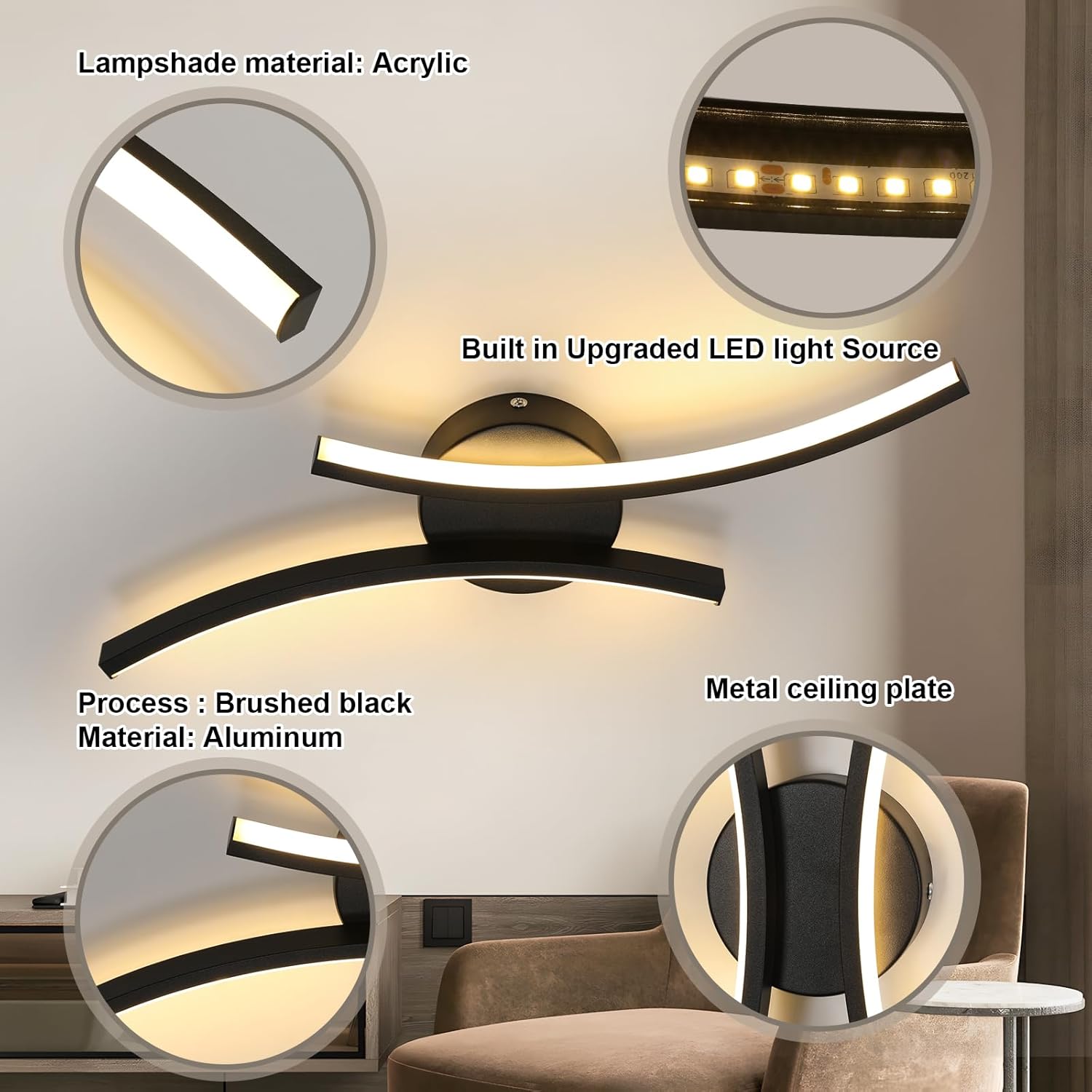 GOECO Applique Murale Interieur LED, 20 W 2500 LM Lampe Murale Moderne Design Incurvée, 3000 K Lumière Blanche Chaude Luminaire Mural Interieur pour - 4