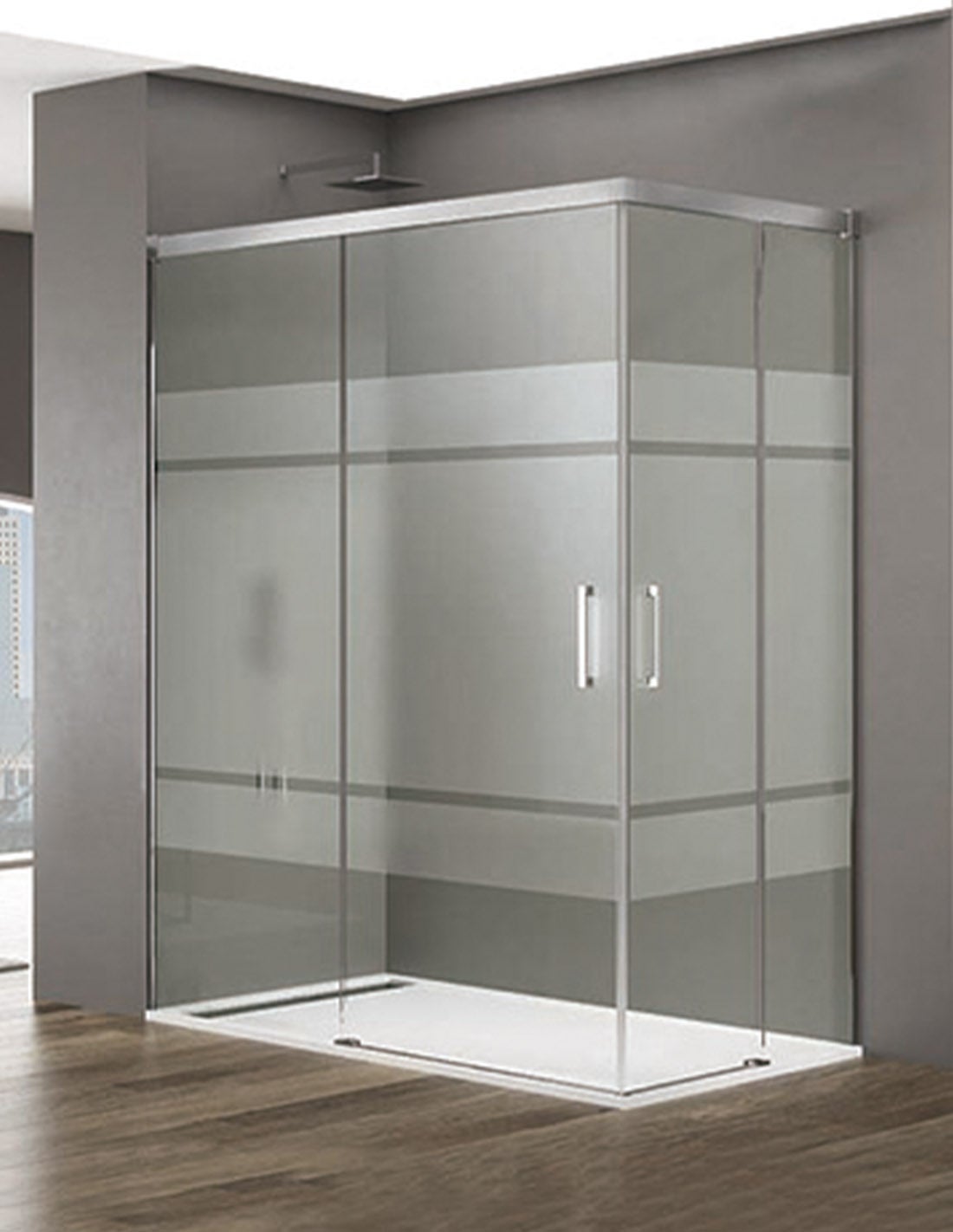 Mampara de ducha angular allstone basic 2+2 con cierre en vértice, sin perfil inferior 120x90 cm cristal serigrafiado perfil cromo