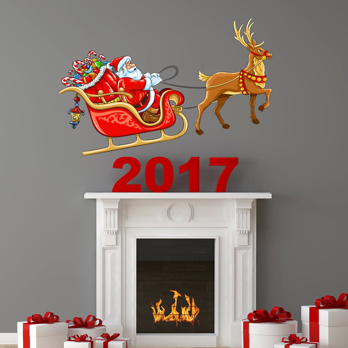 Sticker Noël le Père Noël sur son traineau - Autocollants stickers adhésifs noël - décoration fêtes - 20x40cm - 3