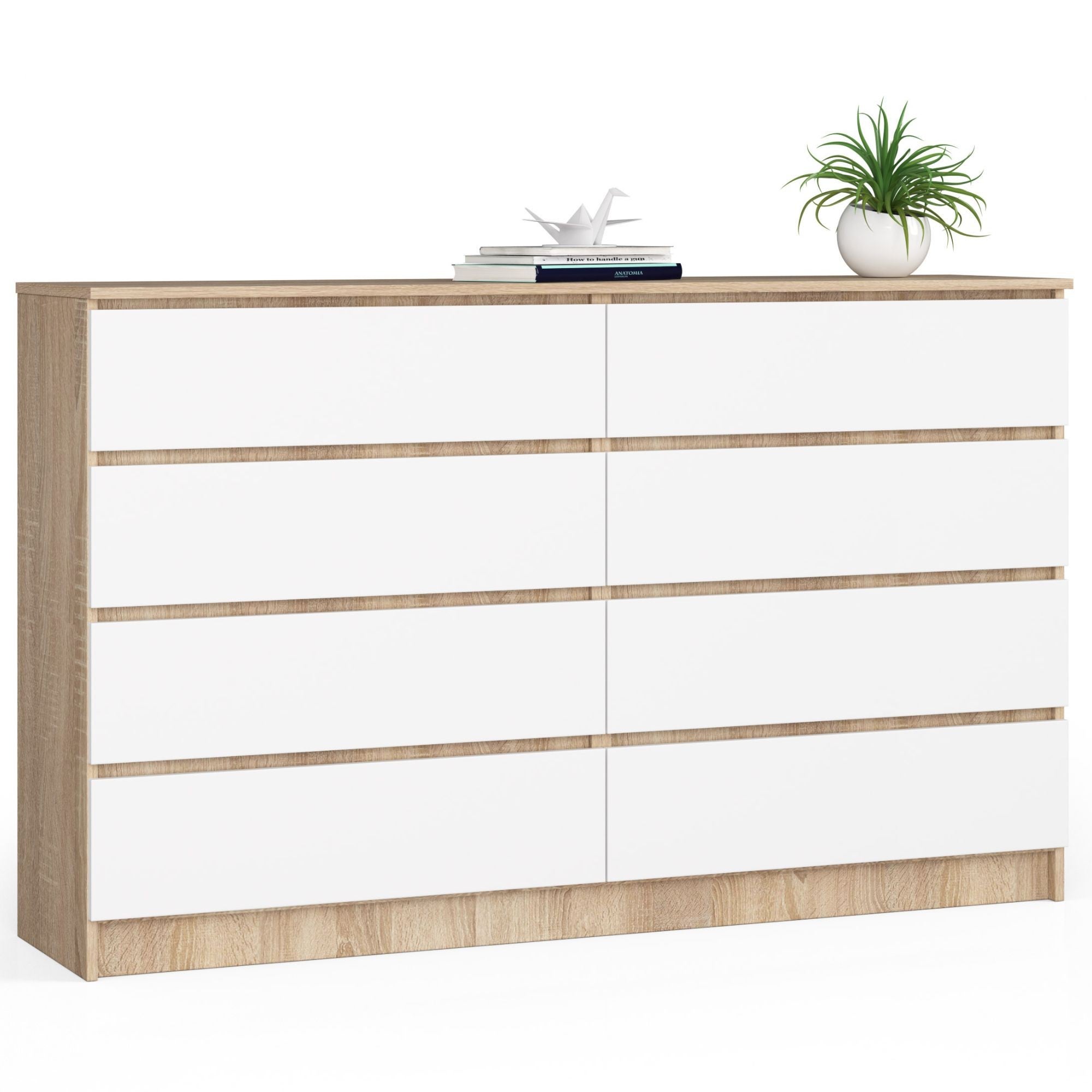 Komoda AKORD K160 Dąb Sonoma 160 cm 8 szuflad kolor Biały mat 160x40x99 cm