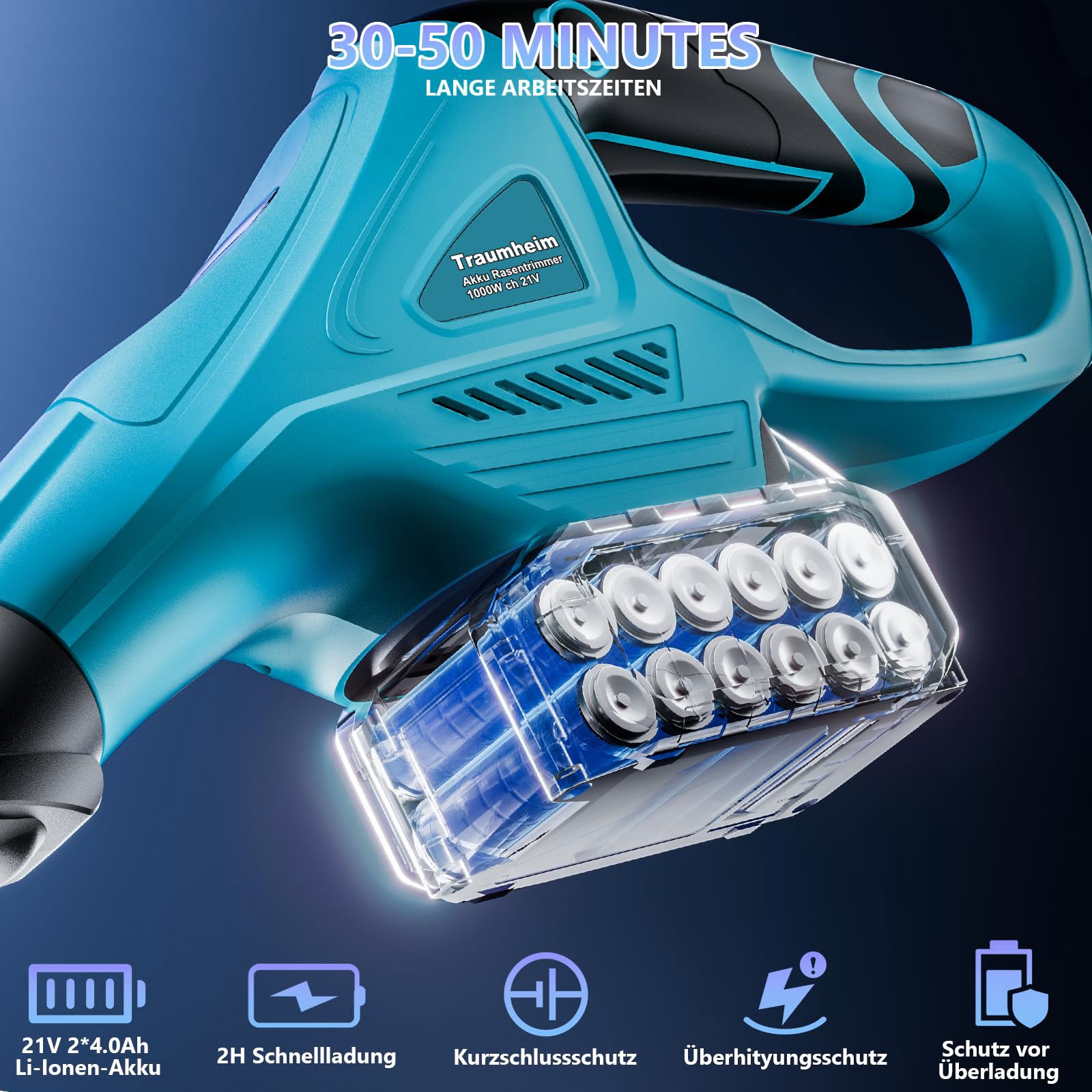 Weed Trimmer sans fil 1000W 4-en-1, moteur sans balais, 21V 2x 4,0Ah, manche télescopique, Ø26cm - 2