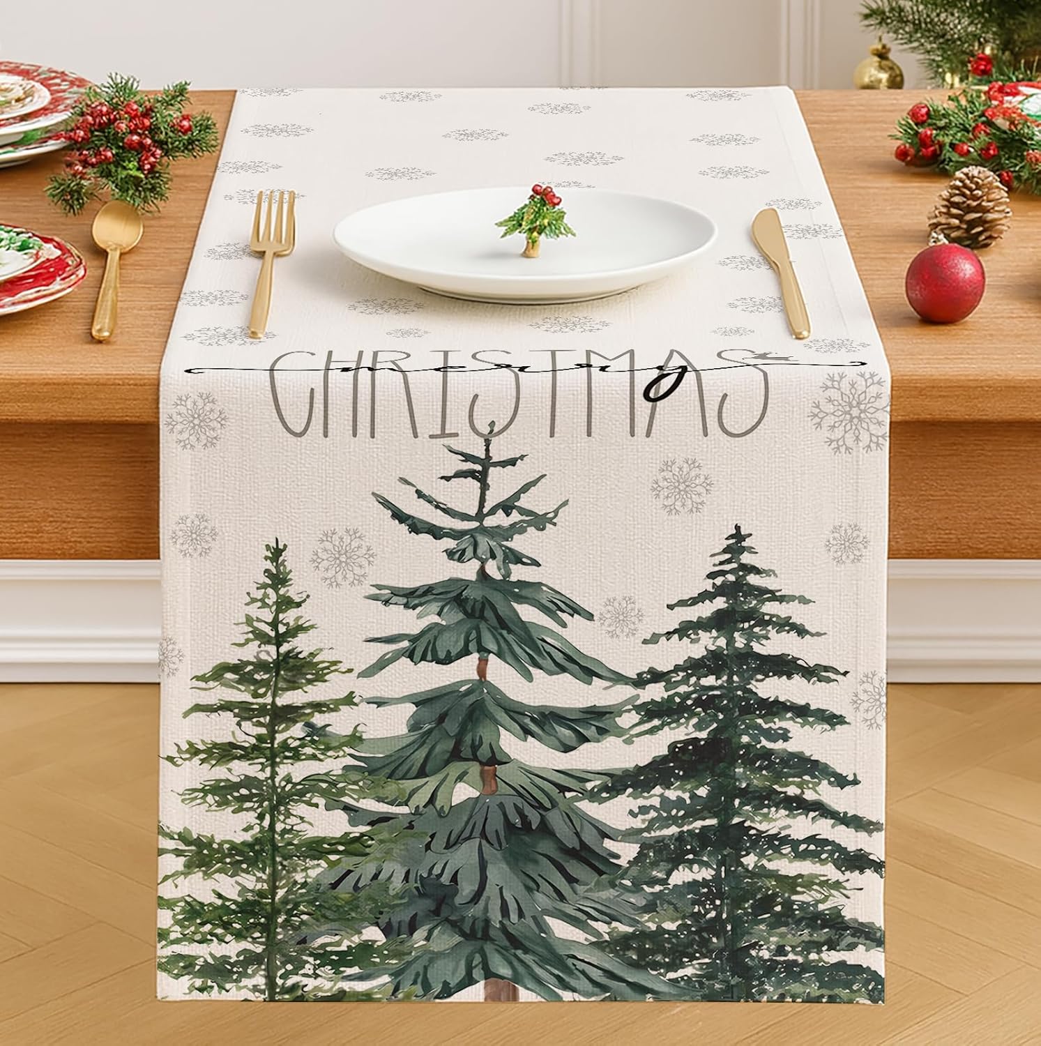 Chemin de Table Noel 33 x 183 cm Pin Vert Deco Table Noel Flocon de ...