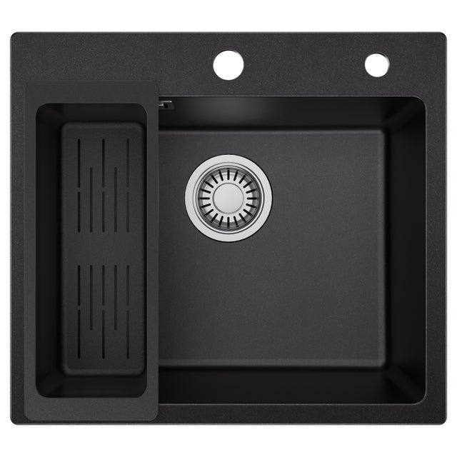 50x45cm Evier de Cuisine en Quartz et Résine avec Panier de Vidange, Evier 1 Bac Evier de Cuisine en Granit Noir