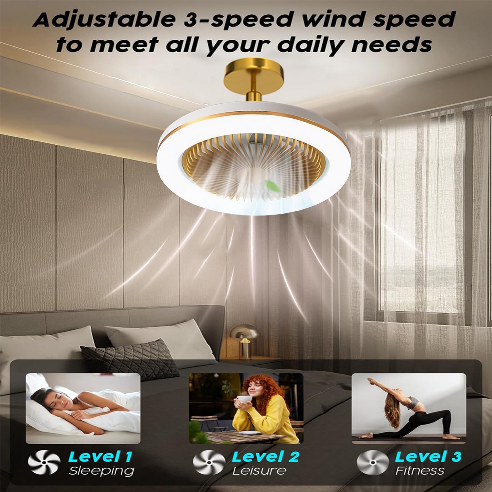 Ventilateur de plafond avec lumière, 30 W, silencieux, avec télécommande, 3 vitesses, intensité variable, douille E27 - 4