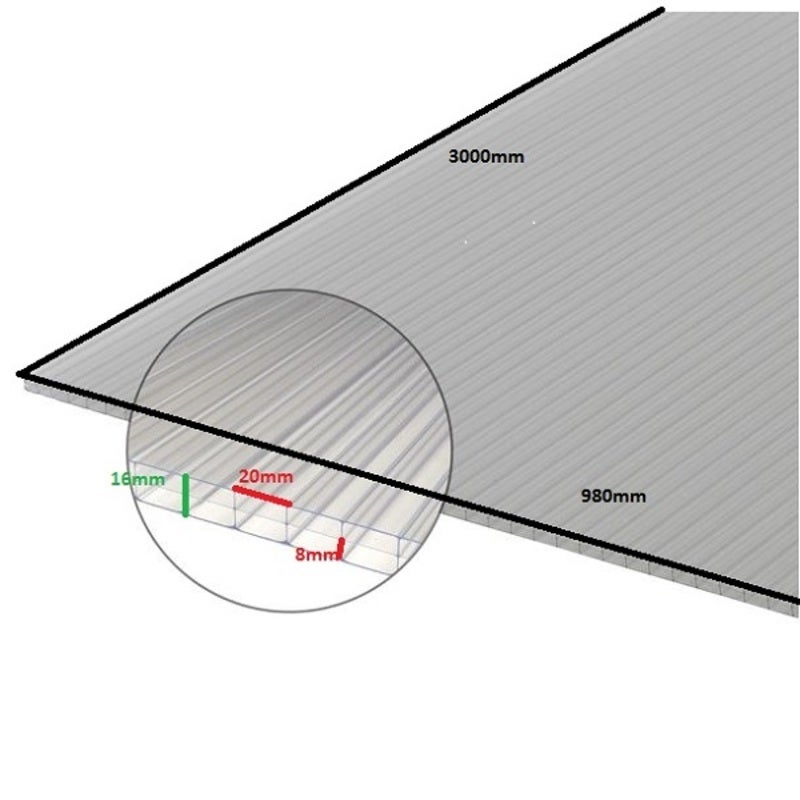 Plaque polycarbonate alvéolaire 16mm - Coloris - Clair, Epaisseur - 16 mm, Largeur - 98 cm, Longueur - 3 m - 4